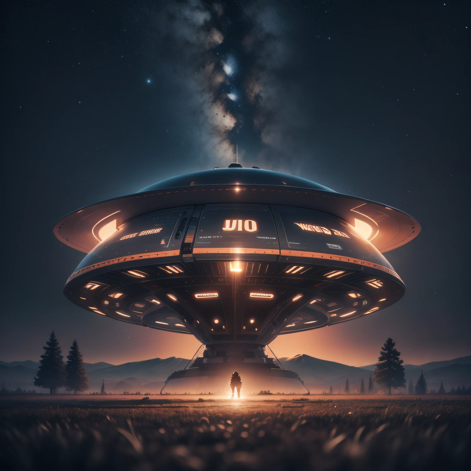 um grande disco voador, ufo, ovni, em formato de prato, Photographed image is the top of the UFO, na cor preta, esta na pista, parado, 8k