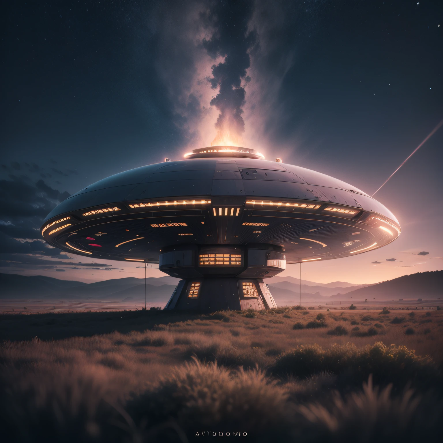 um grande disco voador, ufo, ovni, em formato de prato, Photographed image is the top of the UFO, na cor preta, esta na pista, parado, 8k