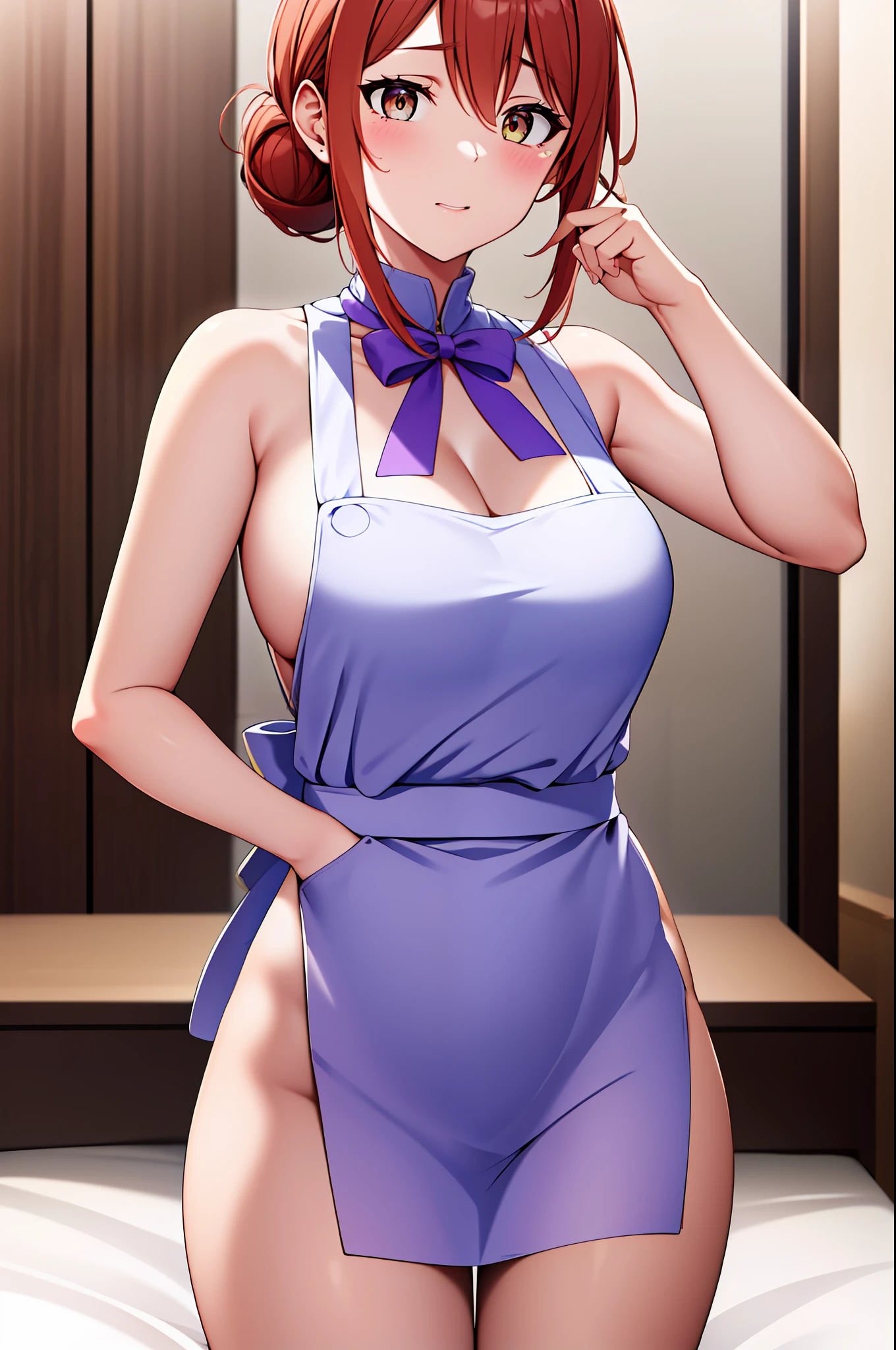 (daytime: 1.7), en verano, en la ciudad cyberpunk, apartamento moderno, en el BEDroom,
Standing in attention, Sentado en tatami,
Lenceria, cuello de tortuga, purple_apron, purple bow tie, pencil skirt,
hair_between_eyes, hair_bun, brown_hair,brown_eyes,
1 chica, 24yo, mujer madura, hermoso dedo, hermosas piernas largas, hermoso cuerpo, hermosa nariz, Beautiful character design, ojos perfectos, cara perfecta,
mirando al espectador, en el centro de la imagen,
NSFW, arte oficial, fondo de pantalla CG 8k extremadamente detallado, perfect ilumination, colorido, Bright_Front_face_Lighting,
(obra maestra: 1.0), (best_quality: 1.0), ultra-high resolution, 4K, ultra detallado,
photograpy, 8K, HDR, highres, absurdres:1.2, Kodak portra 400, film grain, fondo borroso, bokeh:1.2, destello de lente, (vibrant_color:1.2)
(Hermoso,Large_Breasts:1.6), (beautiful_face:1.5),(narrow_waist),