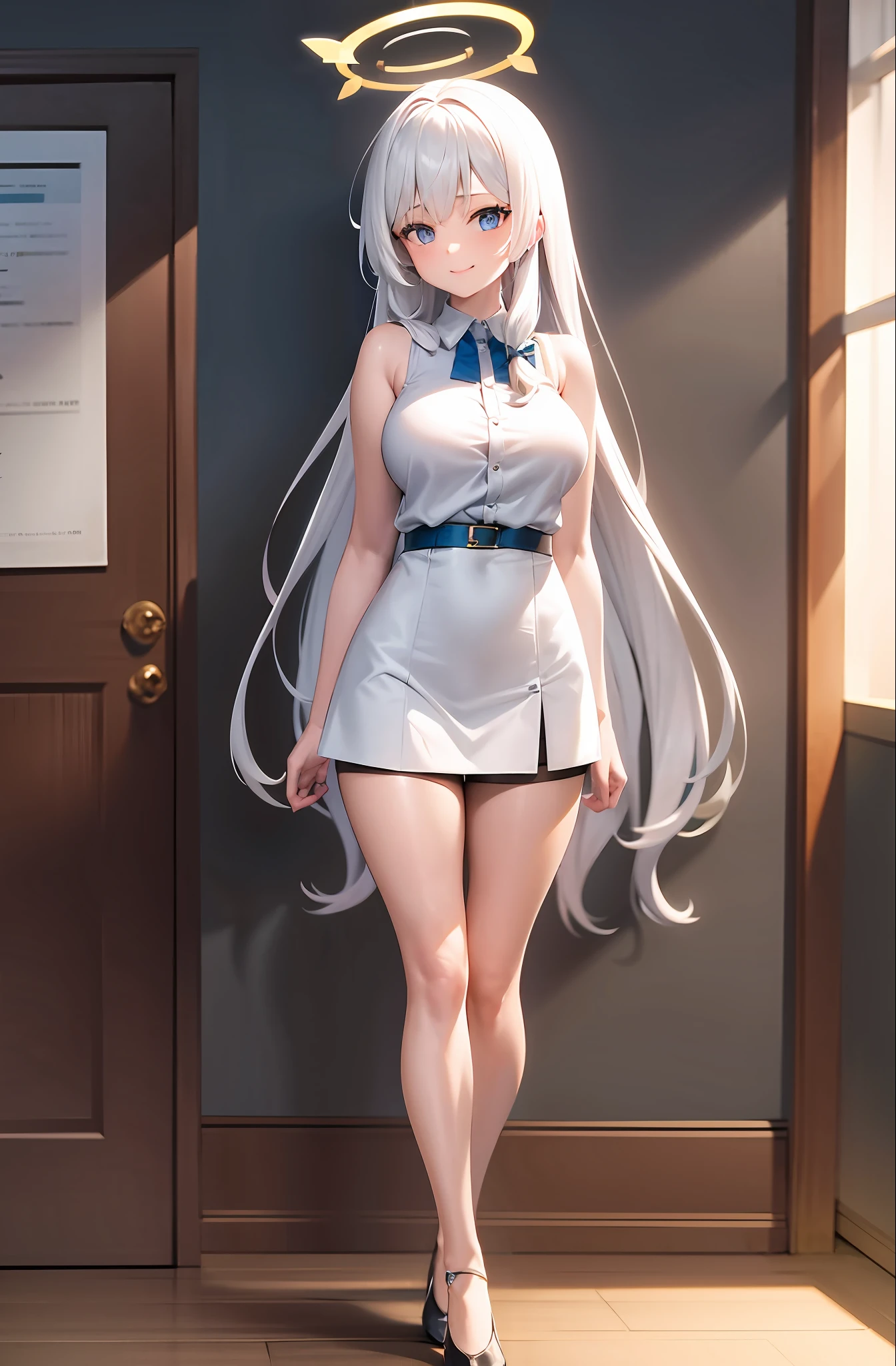 masterpiece, (highres:1.2), (ultra-detailed:1.3), (oil painting:0.8), (extremely detailed CG unity 8k wallpaper:1.1),
full body, solo, 1girl, looking at viewer, legs open, light particles,
solo,
blue archive, highres, hina (blue archive),  long hair,  looking at viewer, blue eyes,
smile, extra large breasts, very long hair, legs, dress long white, thigh stocking, bare shoulders,thigh stocking, 
blouse, halo,  indoors, shirt, sleeveless, sleeveless shirt, thighs, white hair, white shirt, Cantik, perhatian, imut, mencintaiku dengan sepenuh hati nya, Setia, Senyum manis padaku