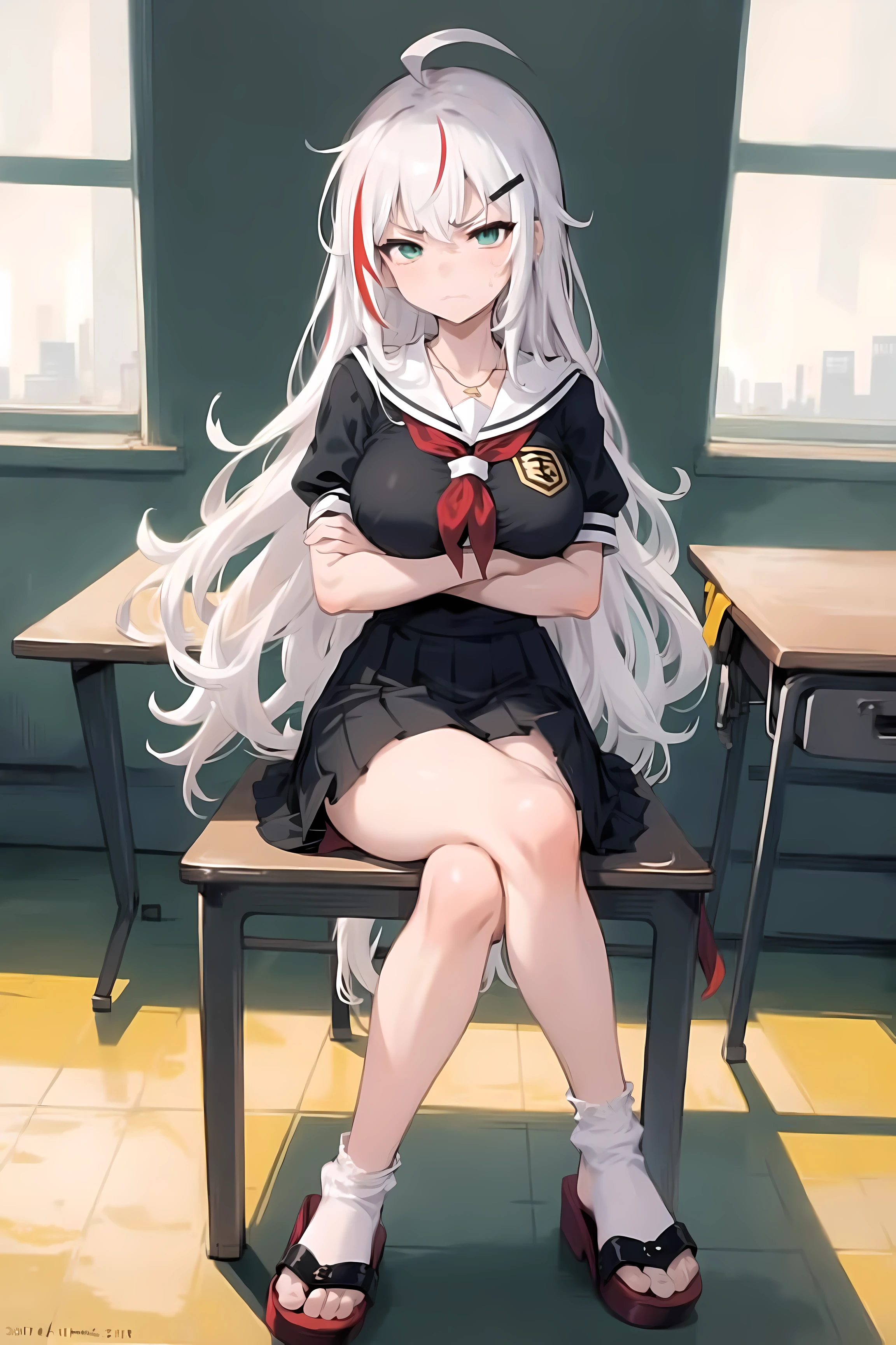 ((masterpiece,best quality)),1girl, solo, futuristic school uniform, white and yellow color uniform, school, pleated skirt, scenery, knee up, mature body, adult body, thigh, irritated face, arguing, rage, disputing, classroom,plastic chair, sitting, crossed legs, crossed arms, perspective, sideway, From directly above, indoor,shiny skin, mature body, extremely large breasts, streaked black hair, long hair with queue and braid, disheveled hair, hair scrunchie, tsurime, looking at viewer, indoors, long skirt,semi high slippers, high sandals, swept bangs, ahoge, alternate hairstyle, long hair, two-tone hair black&white, black and white hair, split-color hair, light mix white hair and brown hair,colorful hair, gradiant hair, breasts, white socks, necklace is a symbol of twin angel, green eyes, detailed eyes, class representative, bedroom, furious face, anger face, peeved,closing eyes,Frowning, pleated eyebrow, annoyed face, closed mouth, angry, tsundere, bright light, dark expression, frustrated, school, in class, 5th floor,