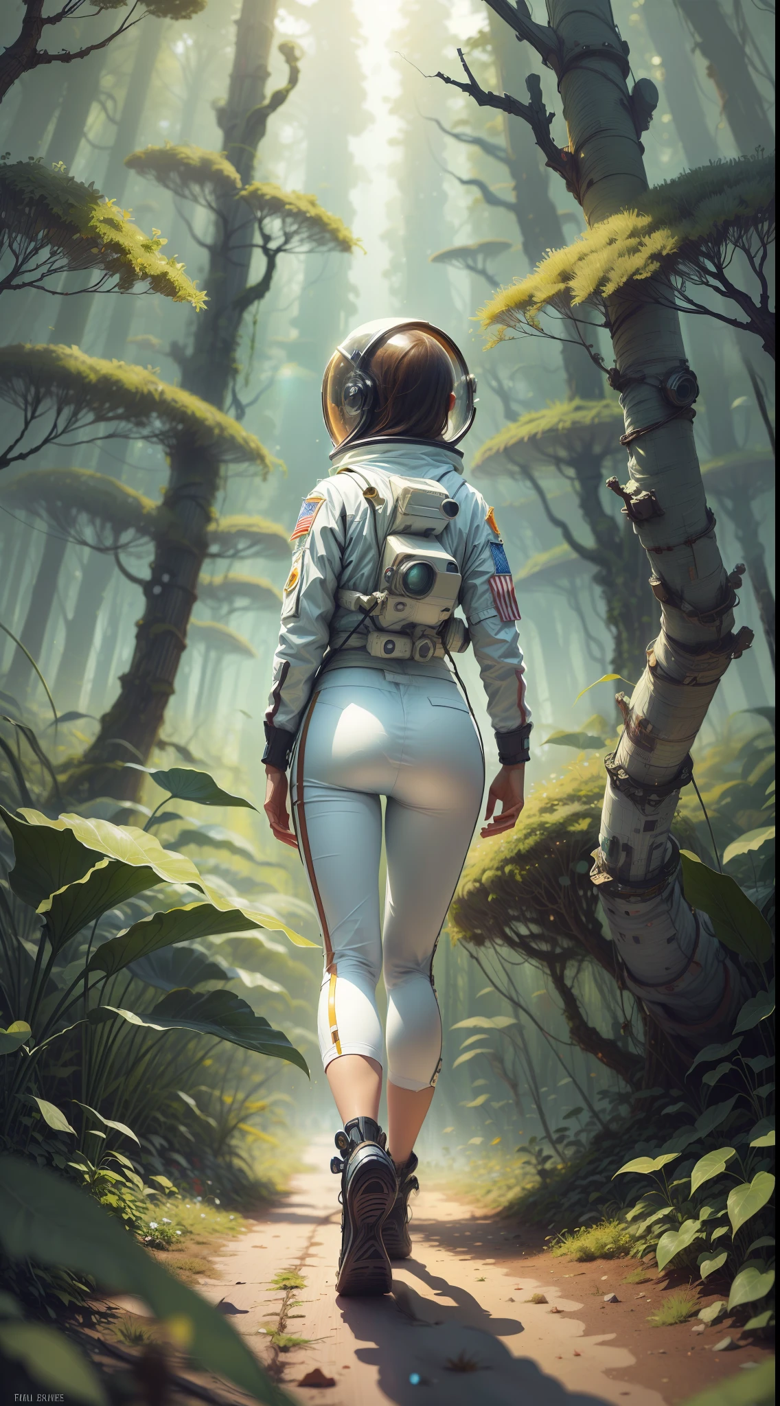 "1 woman astronaut in an alien forest with big Saturn in background"