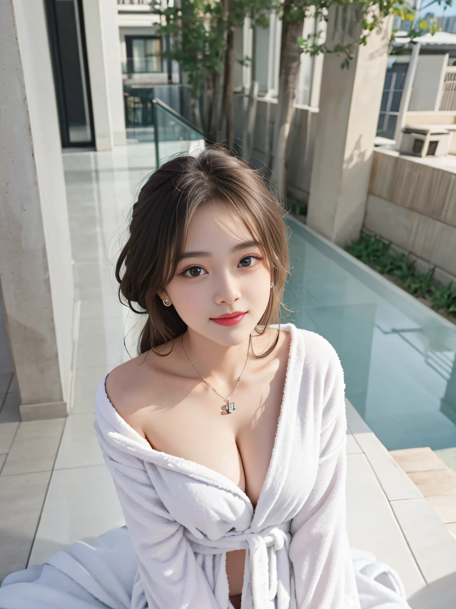 8k resolution, ultra HD, photo realistic, realism, 18 years old, beautiful and cute girl, best quality, a delicate beautiful girl, petite figure, big eyes with a god, long eyelashes, sweet eyes with lying silkworms, sweet smile, facial highlights, S-shaped body, sexy body, hot body, pendant, stud earrings, large curls, (light hair))), ((dressing gown_white))), shoulder clothes slide, outdoor, balcony, light, dynamic angle, photo: safety