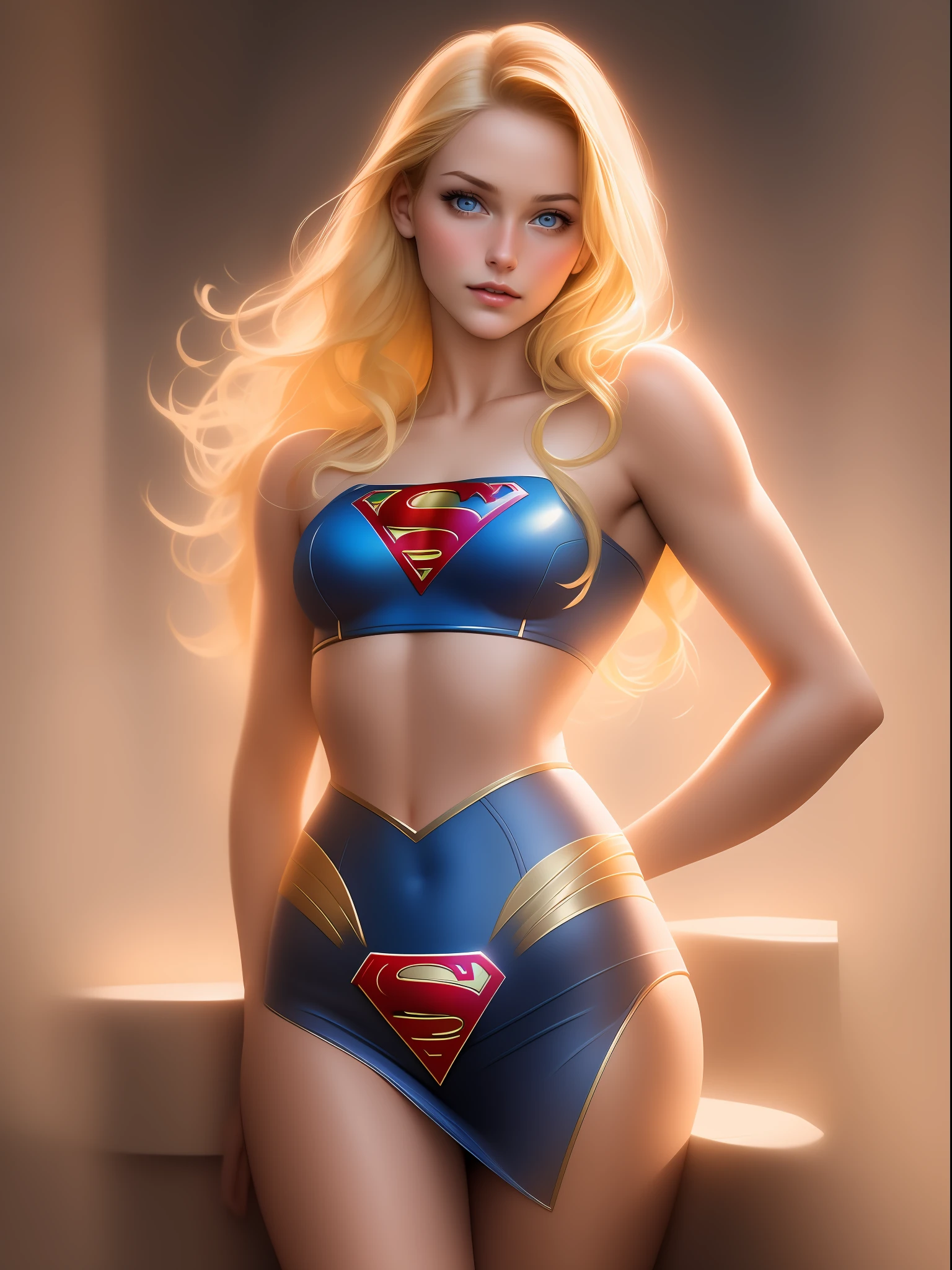 (best quality)), ((masterpiece)), ((realistic)), (detailed), detailed face,supergirl Beautiful woman (30 years old, long blonde hair, blue eyes) defined body, detailed, using tube dress super-girl robot suite,