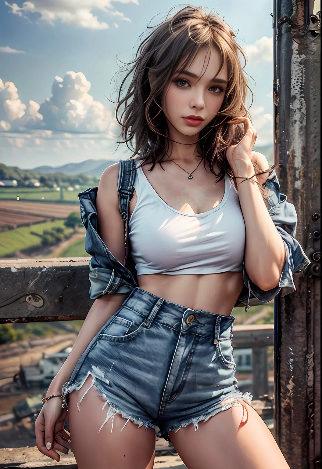 Young woman, 18 years, Extra-short denim shorts, Plaid shirt tied around the waist, Finely qualitative eyes, Turn around the muscles, On the farm, celeiro, sexy poses,