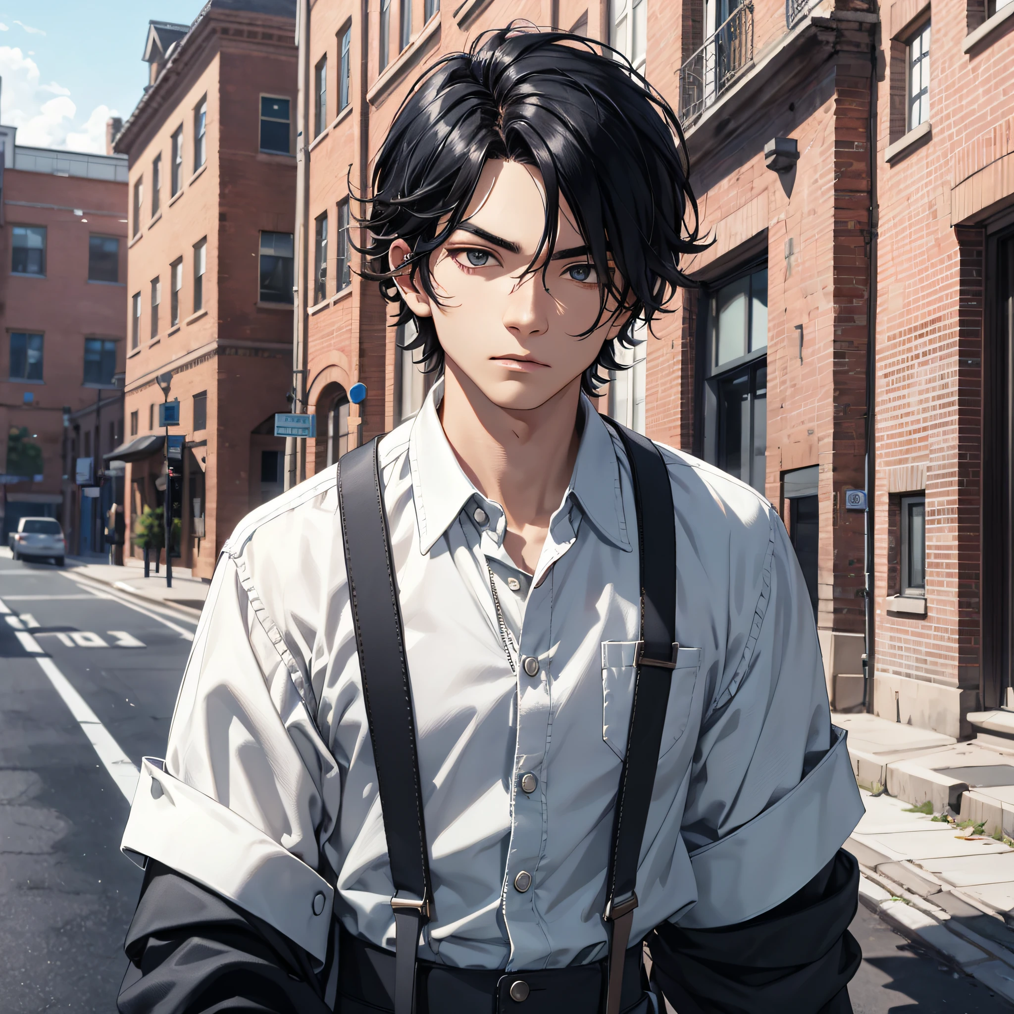 Ridiculous resolution,high resolutions,(master-piece:1.4),ultra-details,On campus,The young man had messy black hair,White suspenders,walk,serious expression