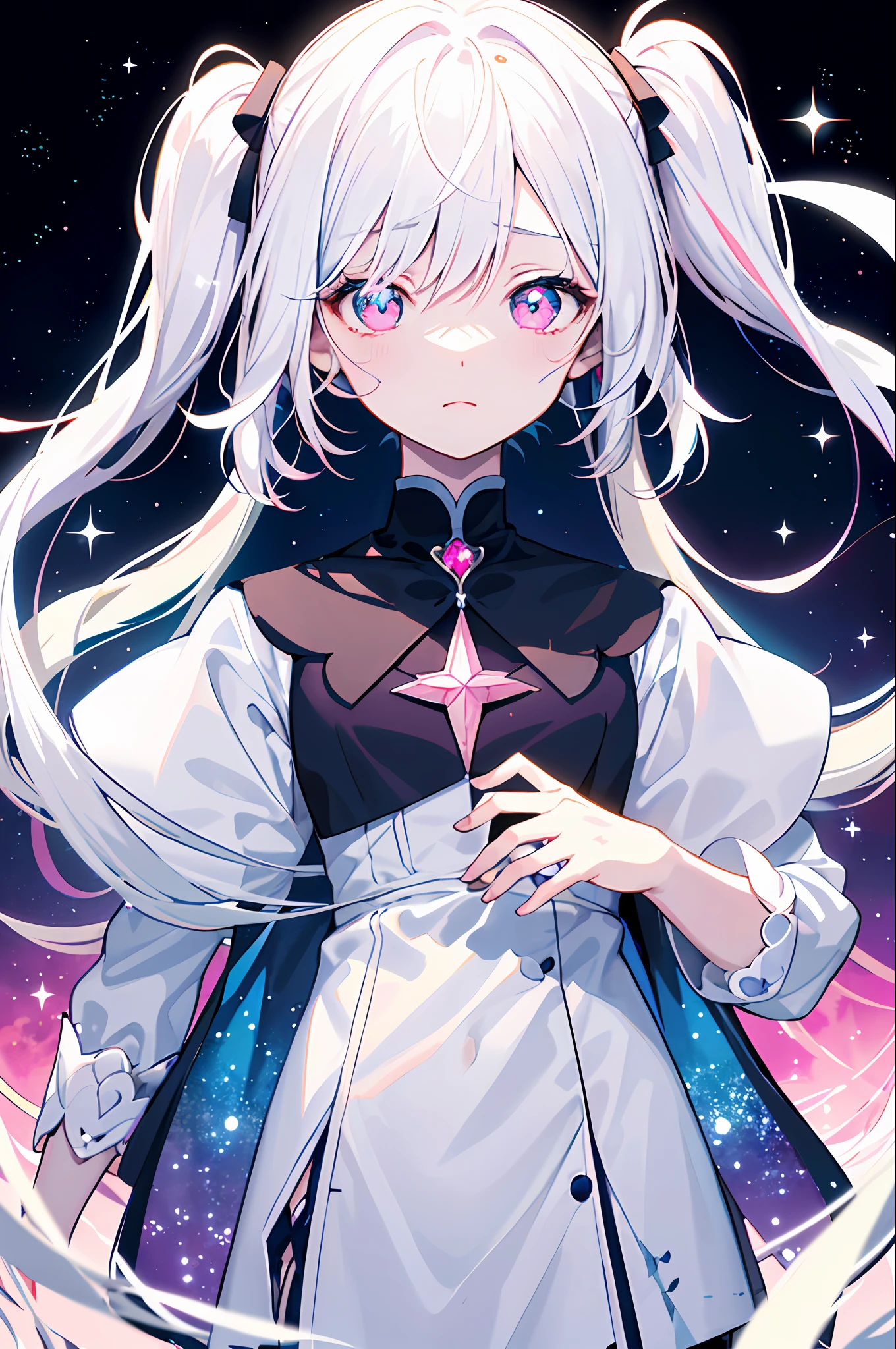 a cartoon girl with white hair and pink eyes holding a star, portrait of magical girl, style of magical girl, soft anime illustration, pink twintail hair and cyan eyes, sparkling magical girl, magical girl, pale young ghost girl, with huge luminous sad eyes, flat anime style, cute character, cute anime face, cute kawaii girl,Dress in fashion-forward clothing