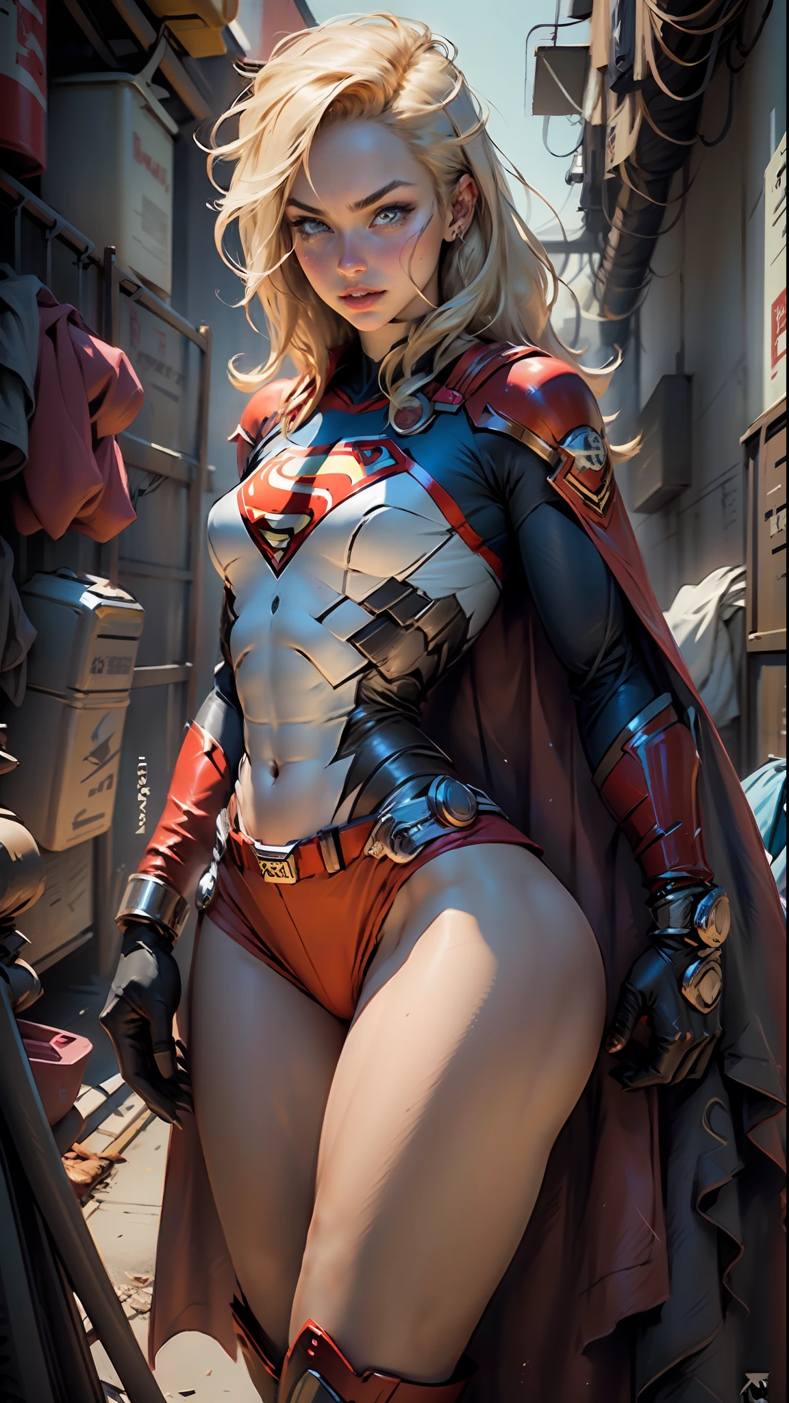 Supergirl body set thick thighs cybernetic body parts, short underwear, blonde with blue eyes, superman S symbol on chest,