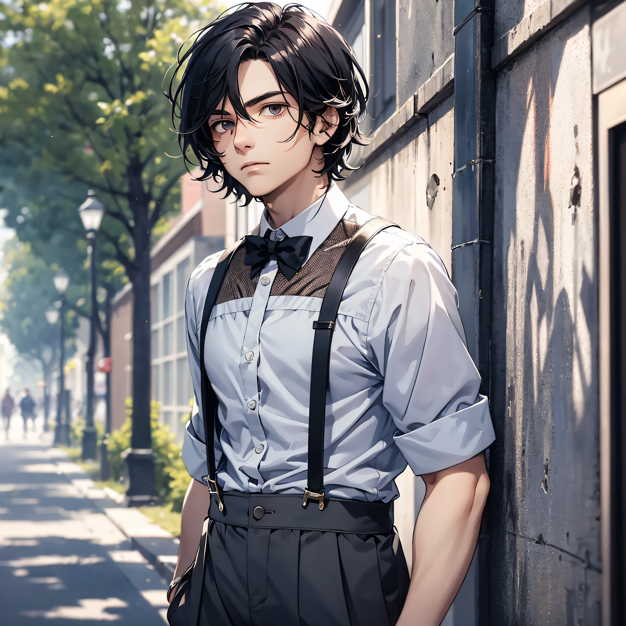 Ridiculous resolution,high resolutions,(master-piece:1.4),ultra-details,On campus,The young man had messy black hair,White suspenders,walk,serious expression