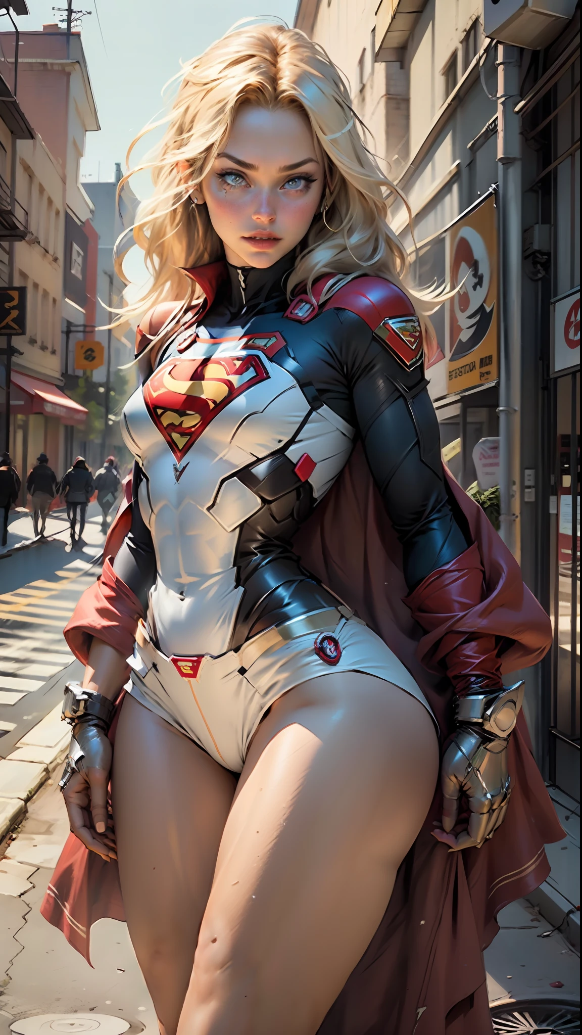 Supergirl body set thick thighs cybernetic body parts, short underwear, blonde with blue eyes, superman S symbol on chest,