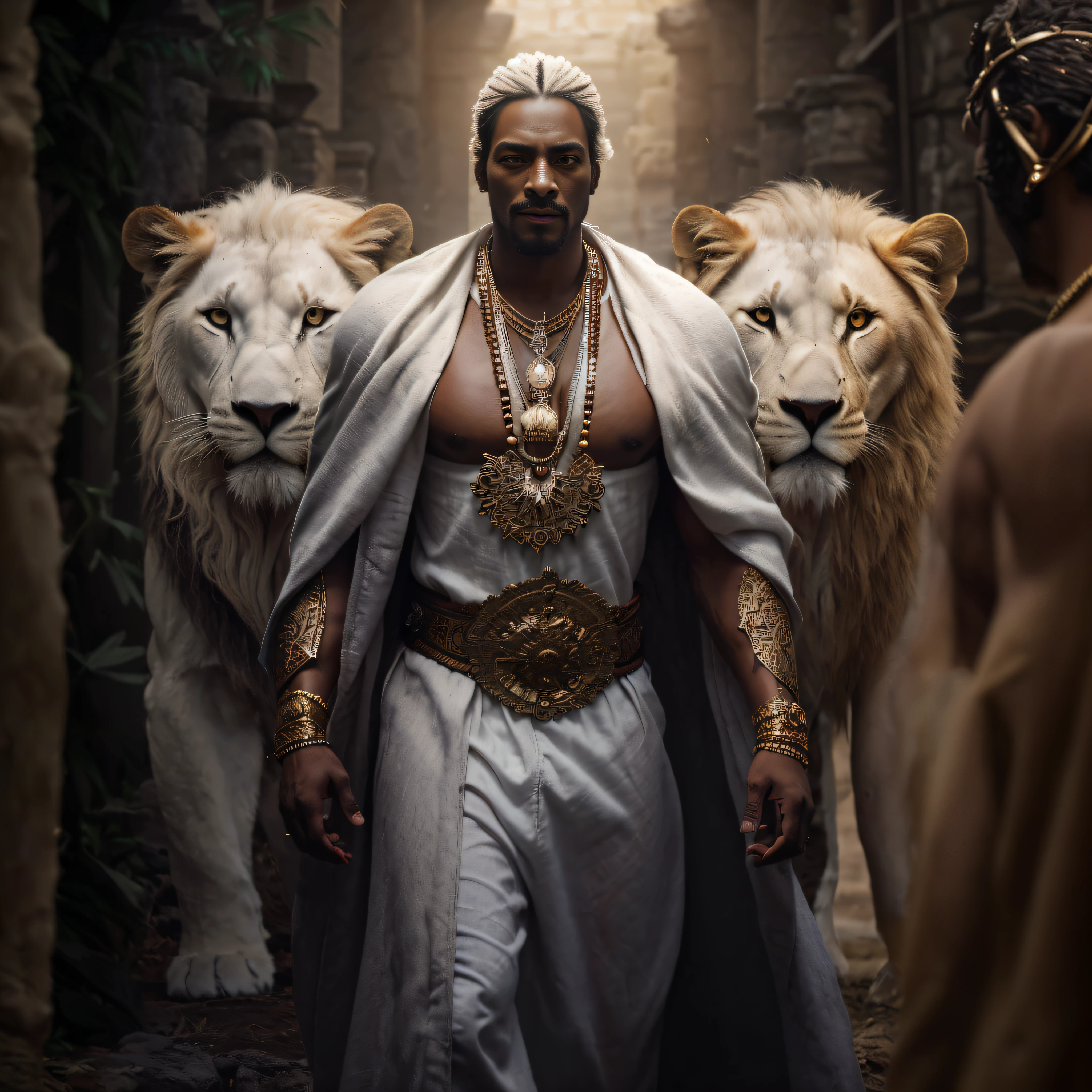 araffe man in a white robe and gold chains walking with two lions, Snoop Dogg as a barbarian, lion warrior, Reis antigos em vestes brancas, brown skin man egyptian prince, Dwayne Johnson como Deus da Guerra, inspirado em Hercules Seghers, Hercules, maximus jacobs, atraente macho de carne com armadura, biblical epic movie, photo of ghost of anubis