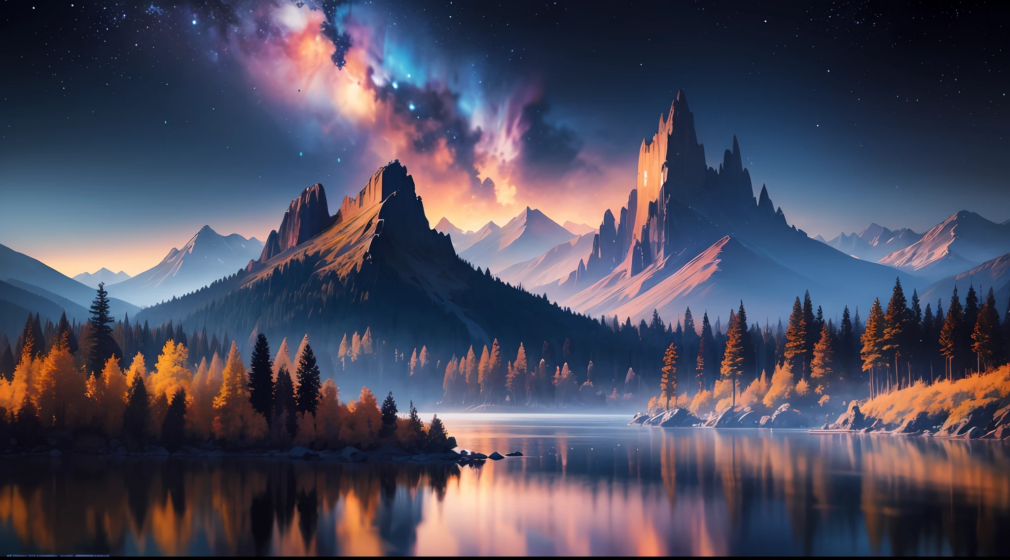 starry night sky with stars and mountains reflected in a lake, 4k highly detailed digital art, 8k stunning artwork, 4k detailed digital art, 8k high quality detailed art, dan mumford and albert bierstadt, epic fantasy sci fi illustration, anton fadeev and dan mumford, sci-fi fantasy wallpaper, impressive fantasy landscape, 8k hd wallpaper digital art