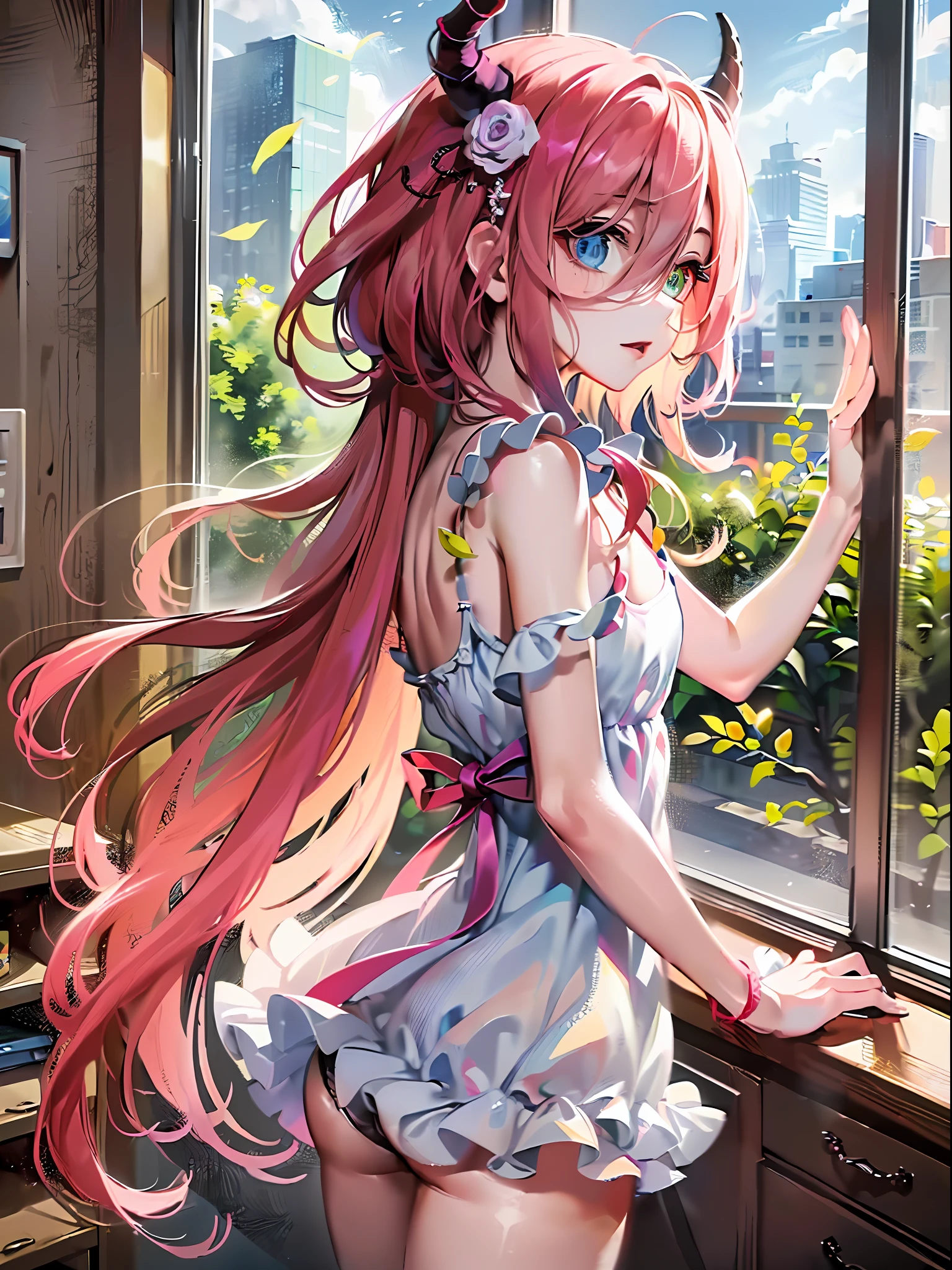 Anime illustrations in the style of "Kyoto Animation", Highest quality, (Cute: 1.1), (Cute), (High resolution: 1.2), Incredibly ridiculous: 1.3, incredibly fine illustrations, Break 1 Beautiful Girl、solo,Small horns、Princess eyes、Big eyes、oh、closed mouth、((camisole、Ruffled mini dress:1.5)),D Couple,chest cleavage:1.5、(Pink Kawaii Room),(Pink Gothic Room),(messy room, Marchen,ribbons,Small window, (Heterochromia, light blue eyes and light green eyes),Silhouette of the eyes of the stars、 solo, Standing Figure, Happy look, break ,Braids、Light pink hair、Semi-long hair、Red ribbon at the end of braids、Angle from the side、stick out ass、PC and coffee on the desk、Looking at the iPhone、office、I'm worried、Cute panties、Colorful string panties:1.5