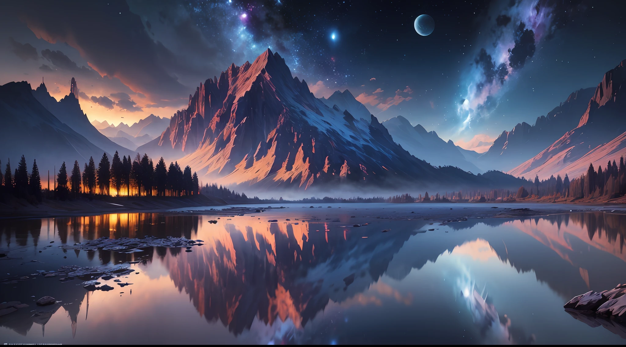 starry night sky with stars and mountains reflected in a lake, 4k highly detailed digital art, 8k stunning artwork, 4k detailed digital art, 8k high quality detailed art, dan mumford and albert bierstadt, epic fantasy sci fi illustration, anton fadeev and dan mumford, sci-fi fantasy wallpaper, impressive fantasy landscape, 8k hd wallpaper digital art