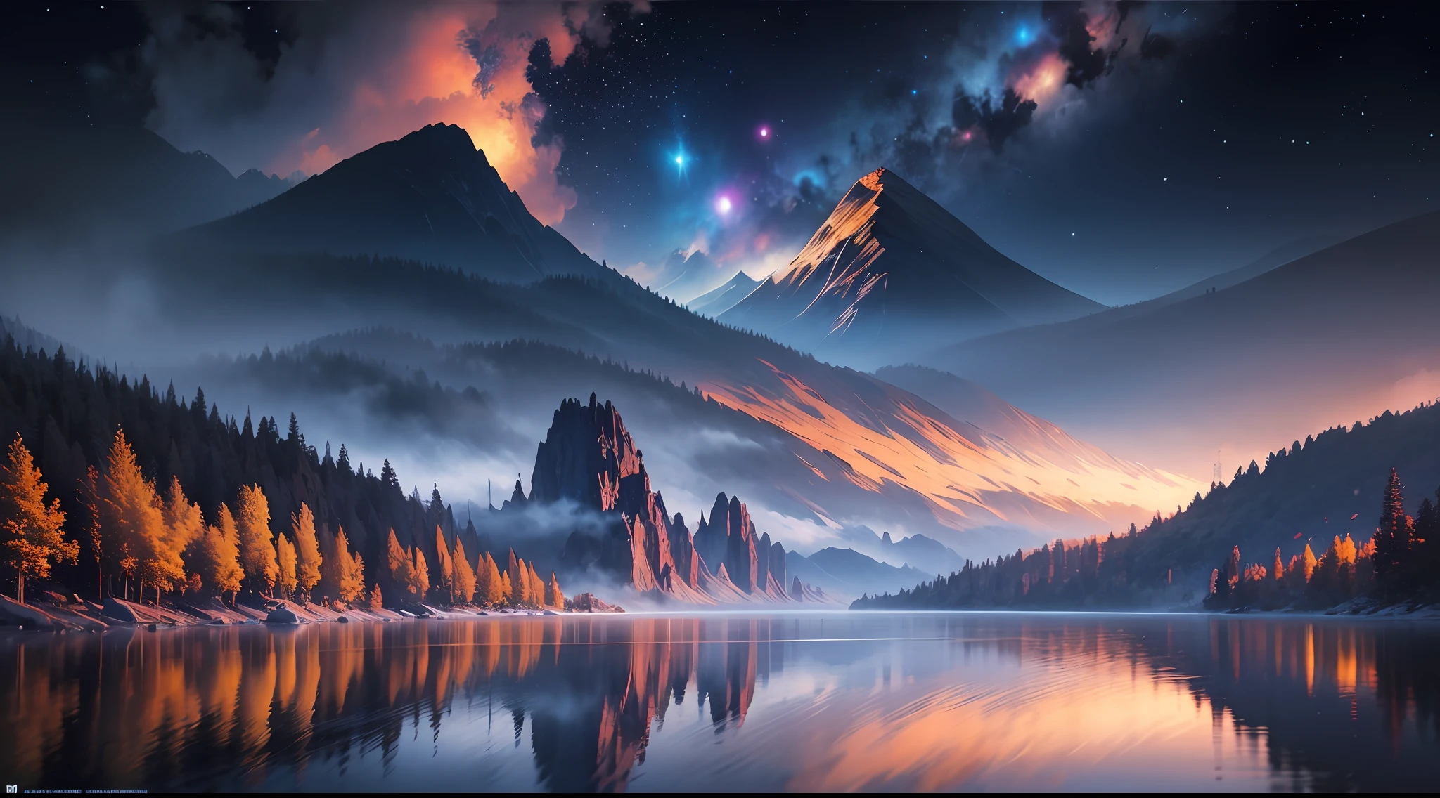 starry night sky with stars and mountains reflected in a lake, 4k highly detailed digital art, 8k stunning artwork, 4k detailed digital art, 8k high quality detailed art, dan mumford and albert bierstadt, epic fantasy sci fi illustration, anton fadeev and dan mumford, sci-fi fantasy wallpaper, impressive fantasy landscape, 8k hd wallpaper digital art