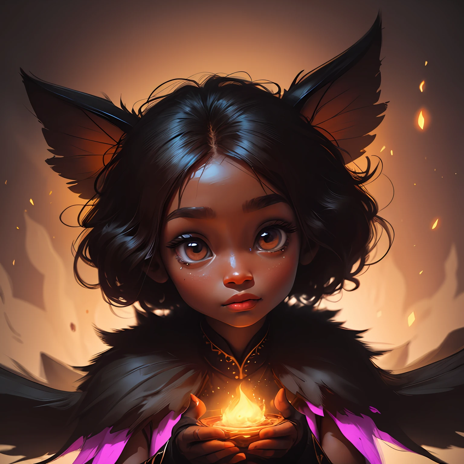 A detailed imaginative cute (((dark skin))) magical fairy with big cute eyes., vibrant colors, playful --auto