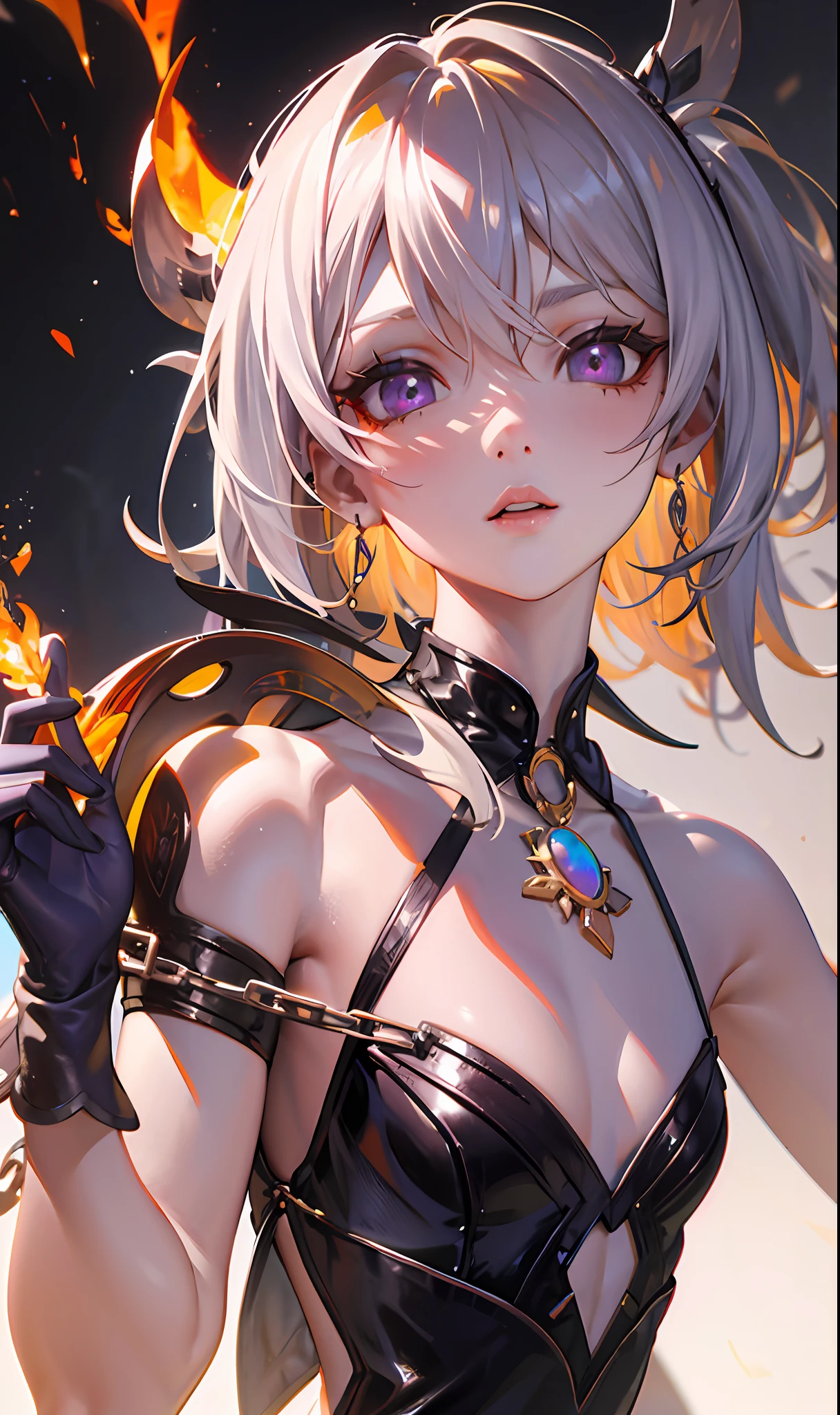 (Jeizuo,sidelit,Beautiful eyes:1.2),(Jeizuo*Portraits),Portraits,bust,(bust),Lifelike,anatomical correct,3D脸,Sweet skin,(solo),highlighted,Gradient hair,(close up of face),Lovely face,(Fire opal-like purple eyes),Hanging eye corners,((high detailed skin,Visible pores)),(Perfect body),A beautiful girl,small breast,((tuxedo)),(Neck ring),extremely, very short gloves,(chain)