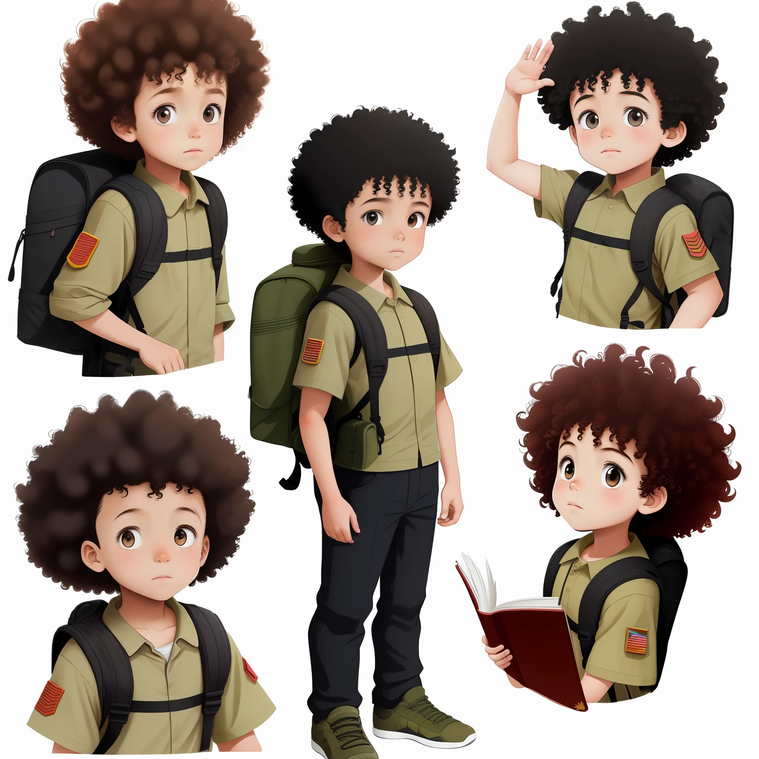 a small explorer children, with various poses and expressions, on a white background, illustration of a children's book, manga style, for 6 years old, a boy: a medium sized curly haired mulatto, no book, no backpack, no weapons, no knives, without military equipment