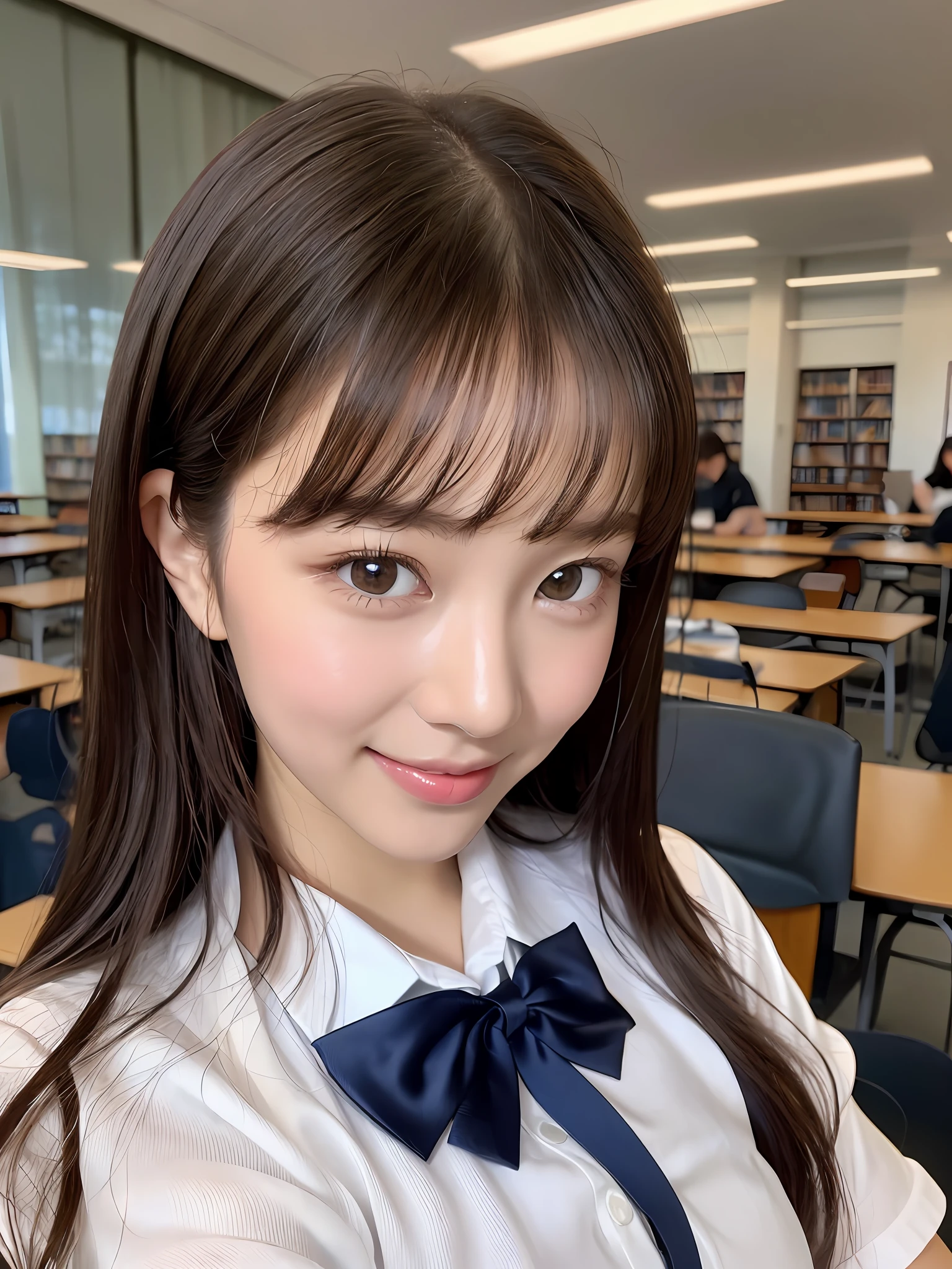 masterpiece, Upper body shot, Front View, 1 woman per 1 photo, a Japanese young pretty woman, hyper pretty face, 18 years old, studying at a desk in a library of school, A big smile, glamorous figure, wearing a short sleeves shiny silky white collared shirt with shiny satin red plain bow tie, Glossy lips, Sweaty body, double eyelids in both eyes, Natural makeup, Long eyelashes, shiny smooth light brown hair of medium length, Asymmetrical bangs, tanny skin, wearing a dark blue pleated skirt, central image, 8K resolution, High Detail, detailed hairstyle, detailed faces, spectacular cinematic lighting, Octane Rendering, Vibrant, an ultra realistic, Perfect limbs, Perfect Anatomy
