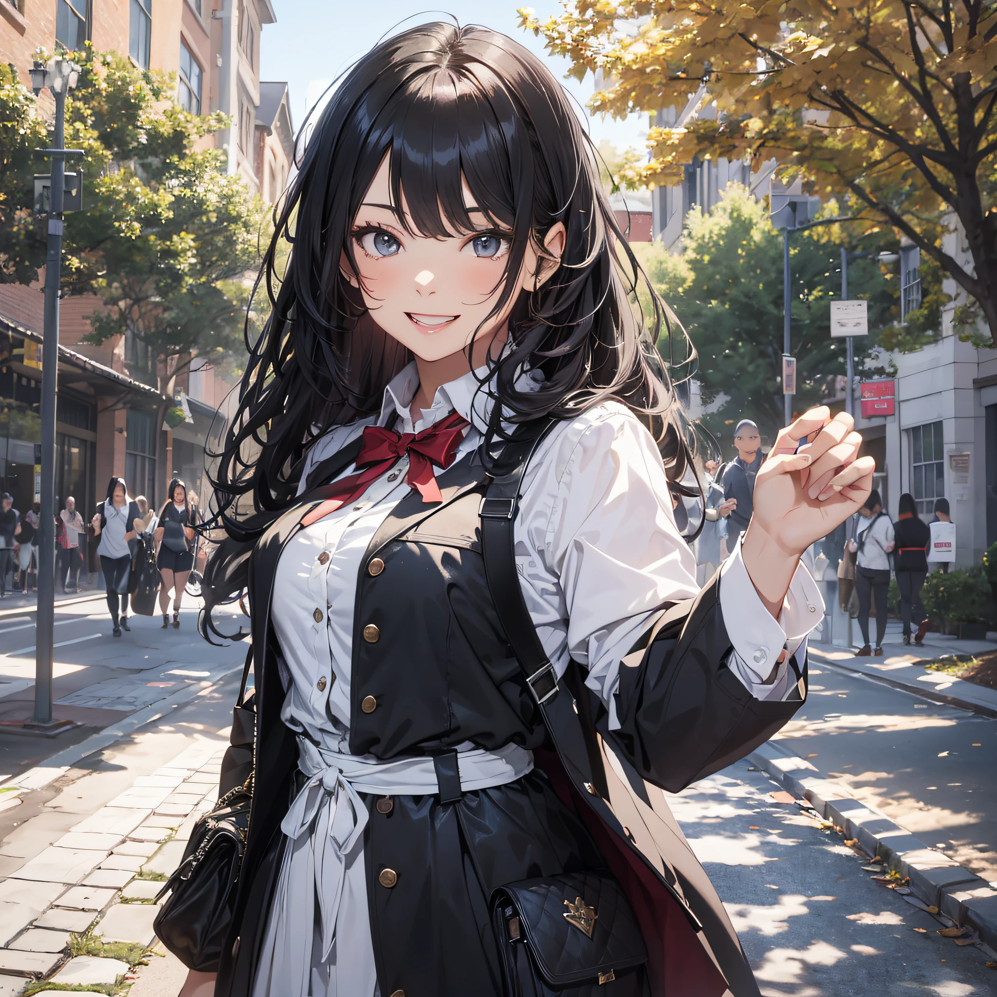 Ridiculous resolution,high resolutions,(master-piece:1.4),ultra-details,Campus outdoors,A black-haired young woman dressed in a school costume,Excited and happy expressions