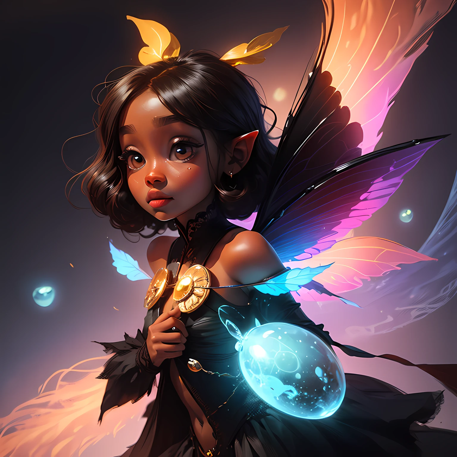 A detailed imaginative cute (((dark skin))) magical fairy with big cute eyes., vibrant colors, playful --auto