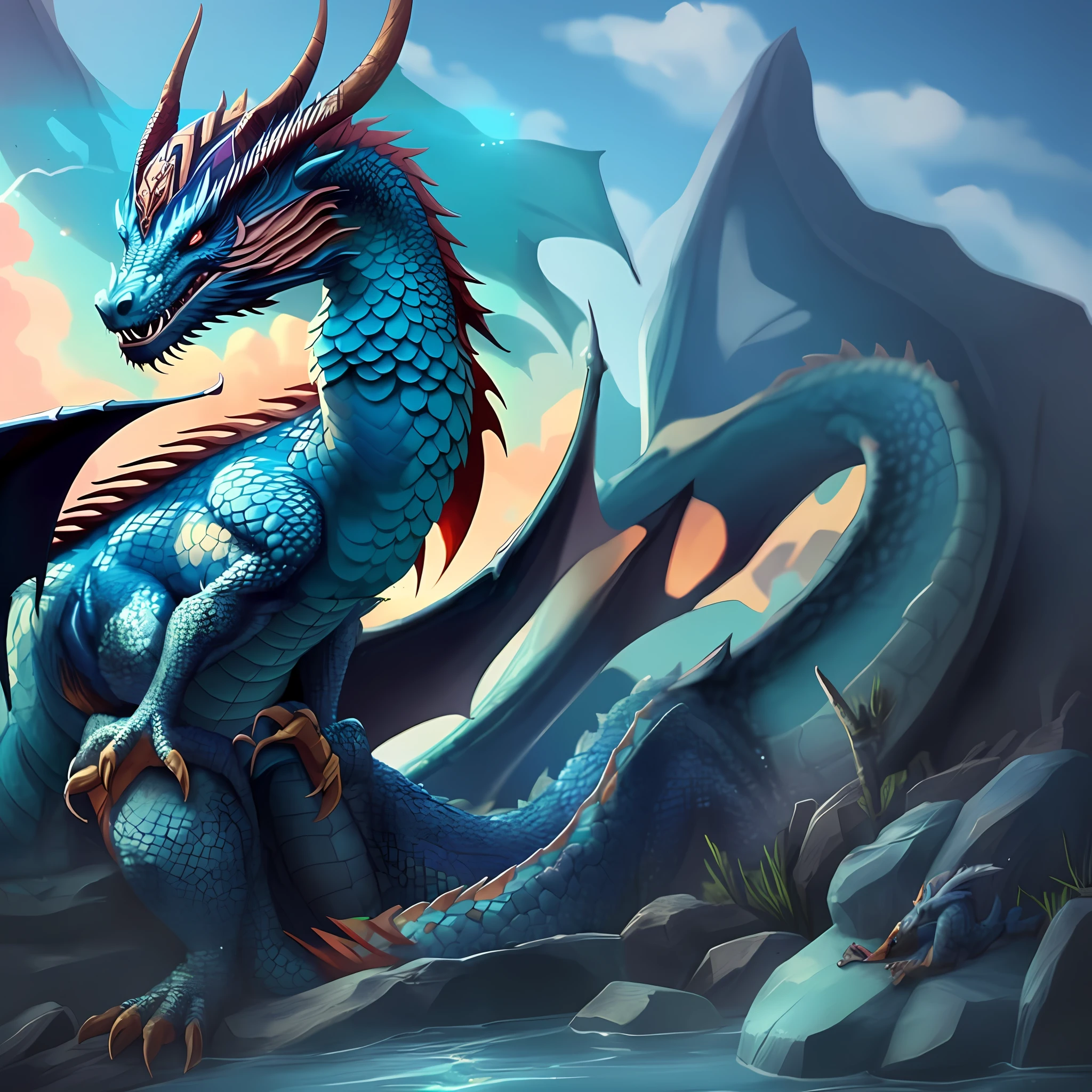 a blue dragon with a long tail sitting on a rock, blue scaled dragon, cyan chinese dragon fantasy, blue dragon, epic dragon, dragon art, detailed dragon, legendary dragon, water dragon, detailed art, dragon inspired blue armor, dragon in the background, colossal dragon as background, dragon, 8k high quality detailed art, dragon portrait, dragon queen