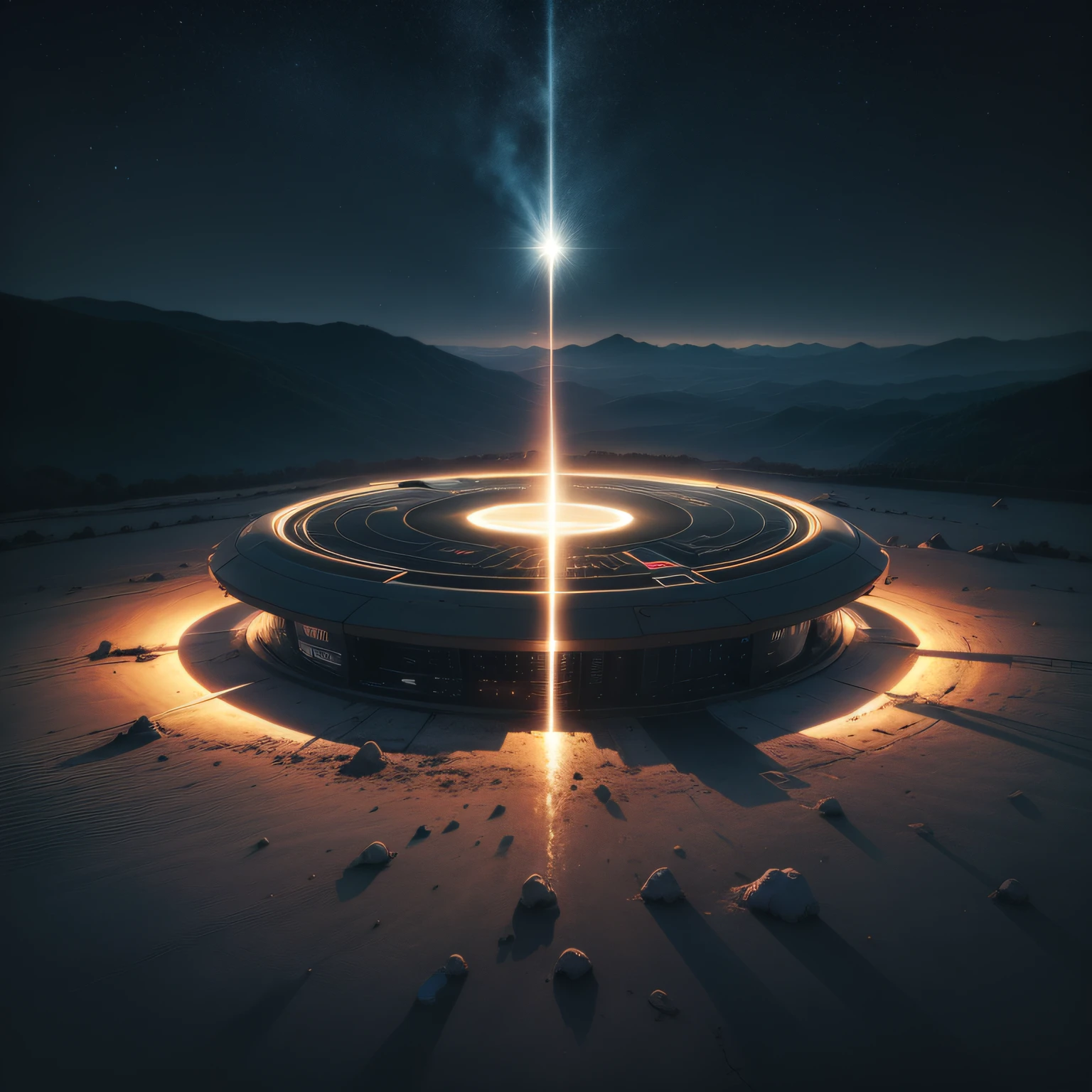 um grande disco voador, OVNI, ufo, em formato de prato, emitindo um luz verde na parte de baixo, imagem mostrada da parte de cima do ufo, na cor preta, esta na pista, alta qualidade de imagem, 8k