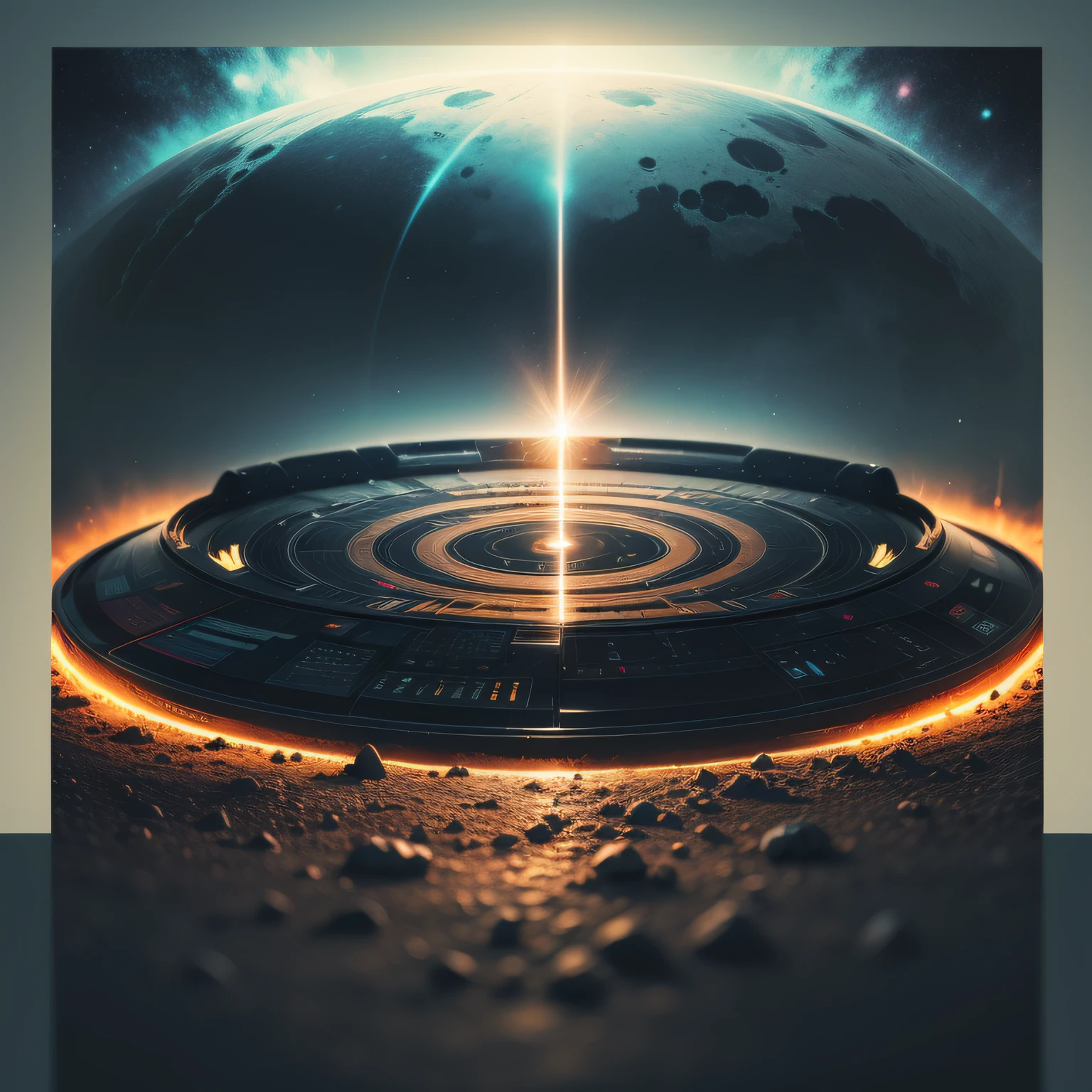 um grande disco voador, OVNI, ufo, em formato de prato, emitindo um luz verde na parte de baixo, imagem mostrada da parte de cima do ufo, na cor preta, esta na pista, alta qualidade de imagem, 8k