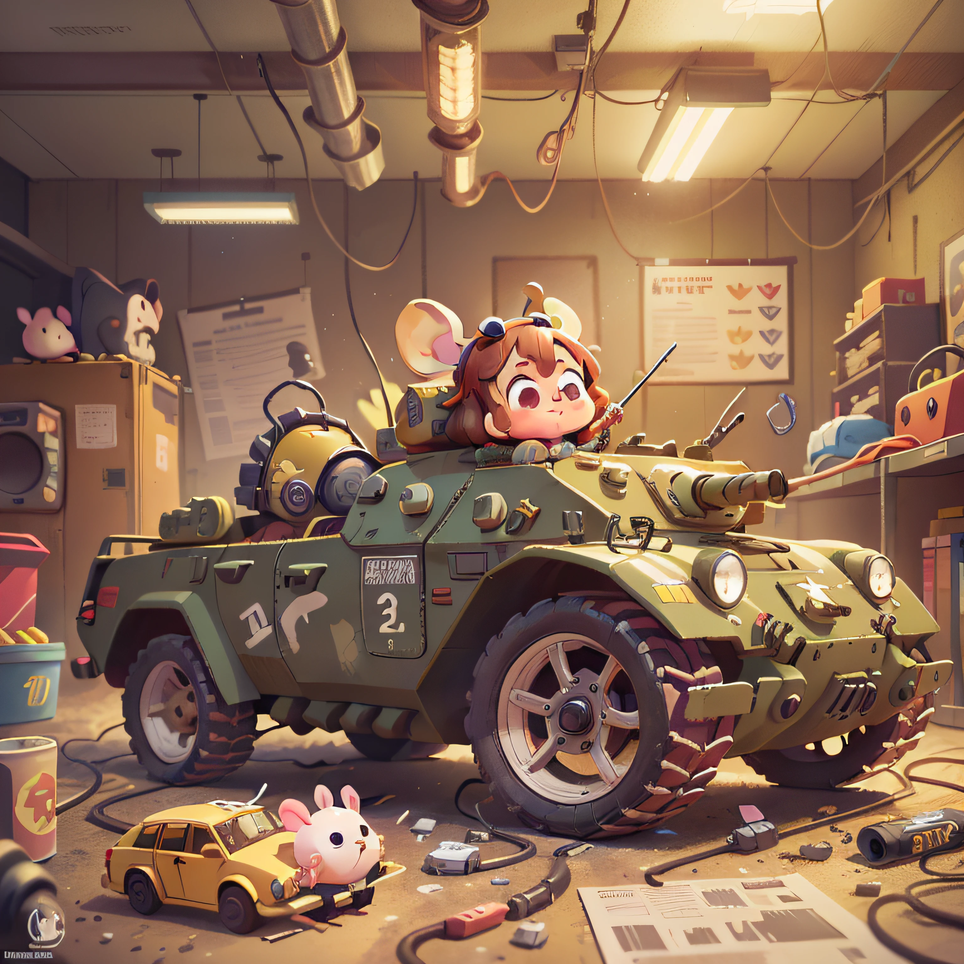 cute, chibi, mice, PFP, portrait, masterpiece, 3D Rendering, Best Quality, (Lots of Detail 1.2), (plain background), (vinyl toy figurine 1.2), ground vehicle mecha,(tank 1.2), inside a garage with fluorescent lighting overhead, sharp focus, simple background, warning signs, danger, cables, tubes