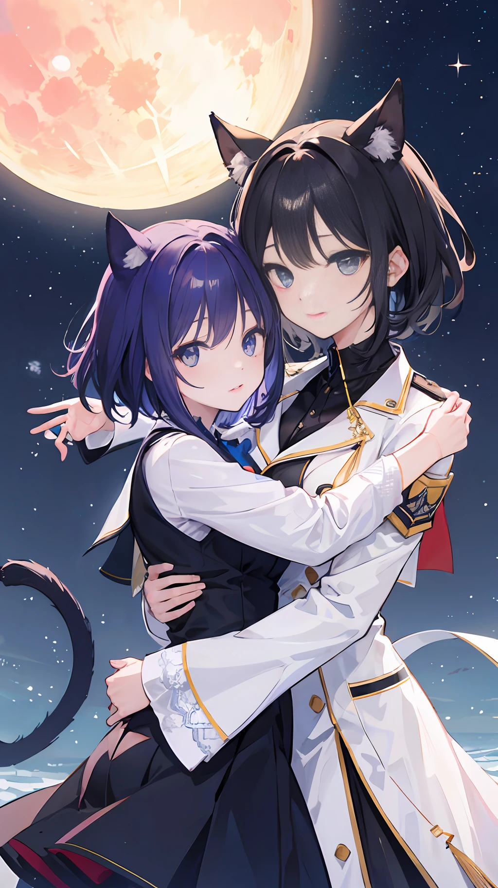 2 girls、 {{Master peace}}, {{{maximum quality}}}, {{Ultra-detail}}, , short hair,Purple eyes,Black hair、military outfit、Hug、{{Master peace}}, short wavy hair, navy hair, black cat ear, Blue eyes、military outfit、Hugged、Big moon in the background night sky、