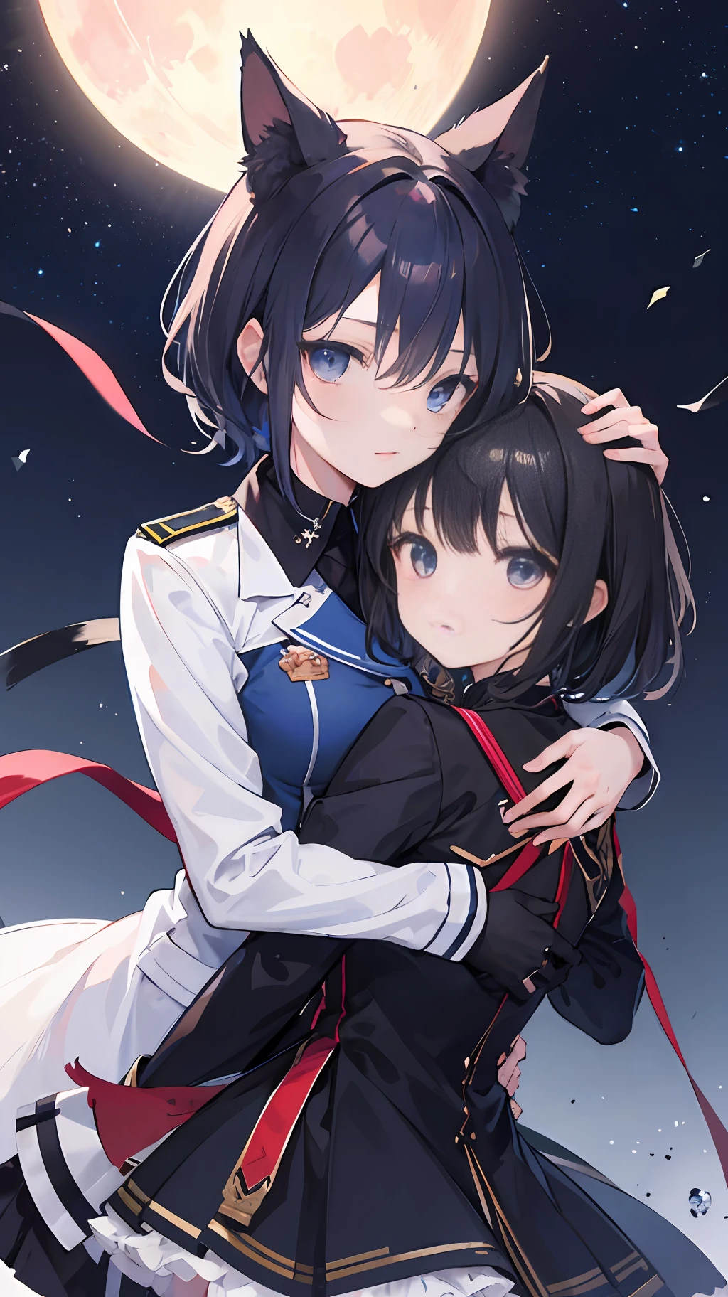 2 girls、 {{Master peace}}, {{{maximum quality}}}, {{Ultra-detail}}, , short hair,Purple eyes,Black hair、military outfit、Hug、{{Master peace}}, short wavy hair, navy hair, black cat ear, Blue eyes、military outfit、Hugged、Big moon in the background night sky、