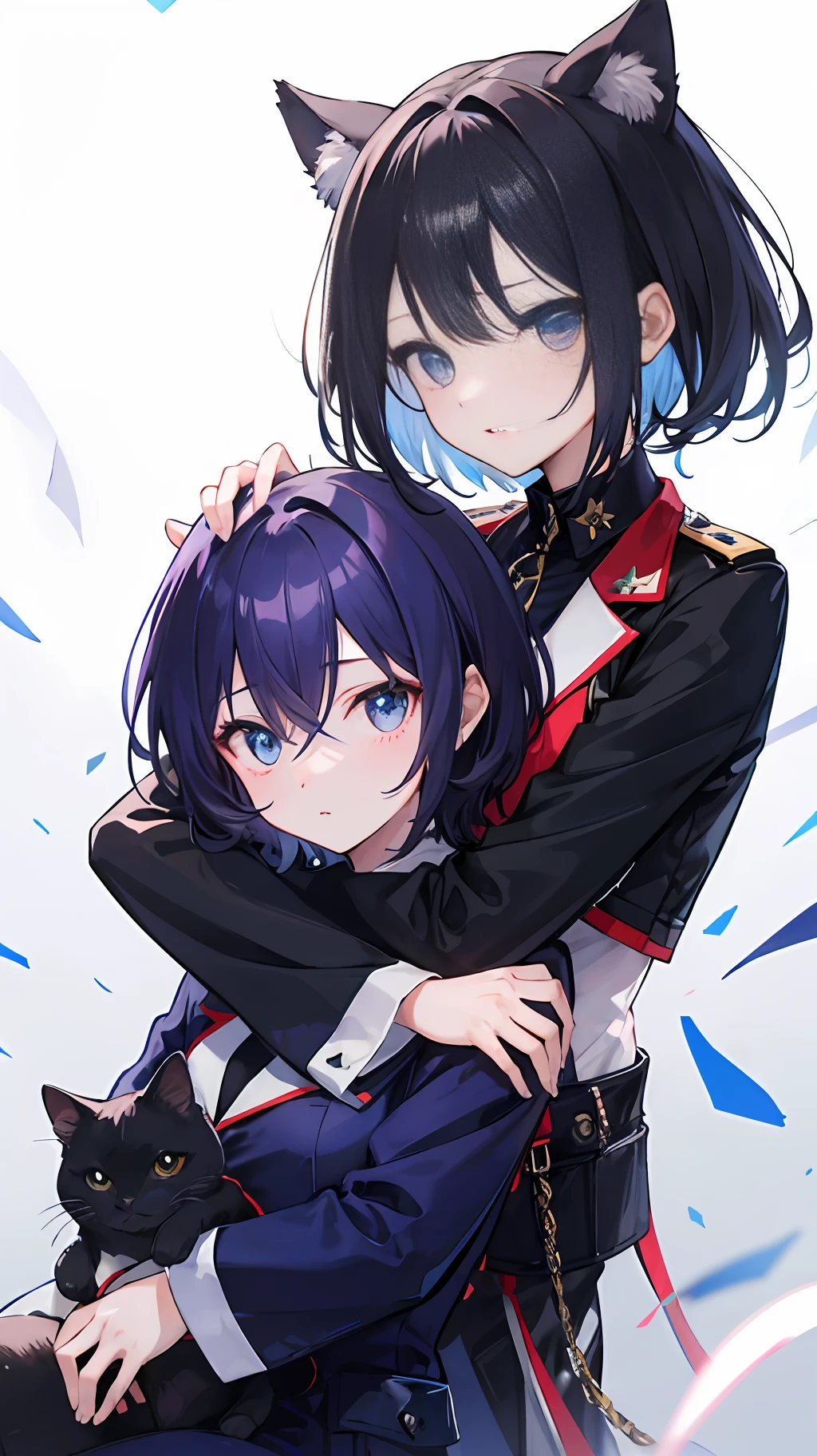 2 girls、 {{Master peace}}, {{{maximum quality}}}, {{Ultra-detail}}, , short hair,Purple eyes,Black hair、military outfit、Hug、{{Master peace}}, short wavy hair, navy hair, black cat ear, Blue eyes、military outfit、Hugged、Big moon in the background night sky、
