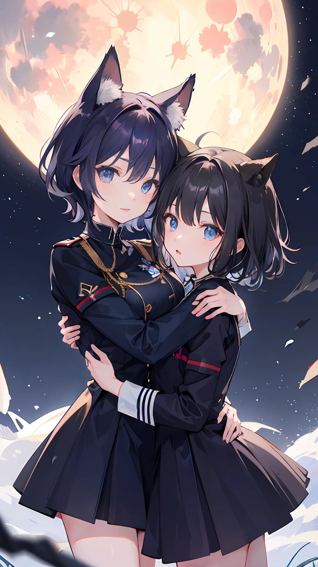 2 girls、 {{Master peace}}, {{{maximum quality}}}, {{Ultra-detail}}, , short hair,Purple eyes,Black hair、military outfit、Hug、{{Master peace}}, short wavy hair, navy hair, black cat ear, Blue eyes、military outfit、Hugged、Big moon in the background night sky、
