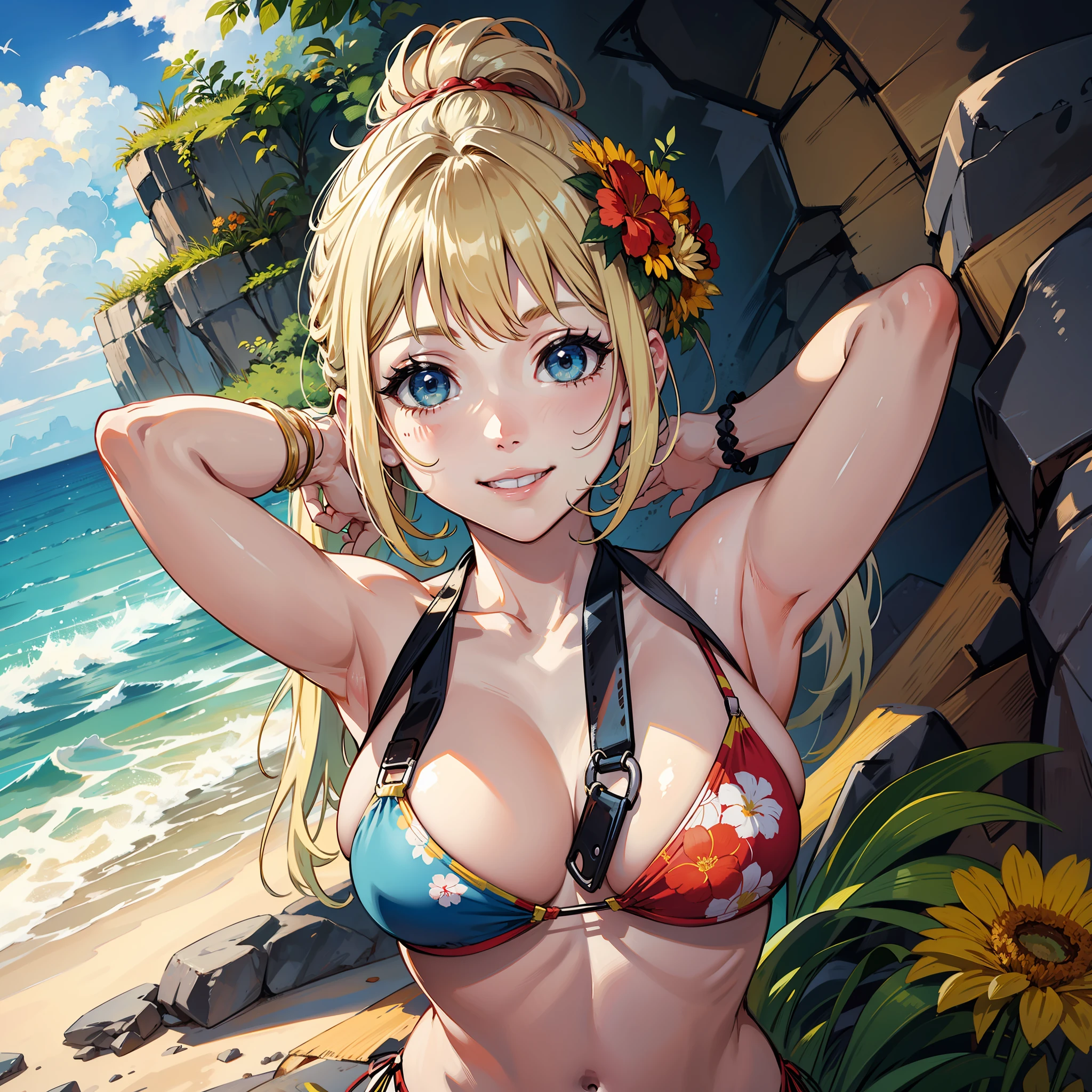 Bikini Gal、Floral Bikini、The best smile、Cleavage emphasis、solo、a ponytail、blond hair、Background sea