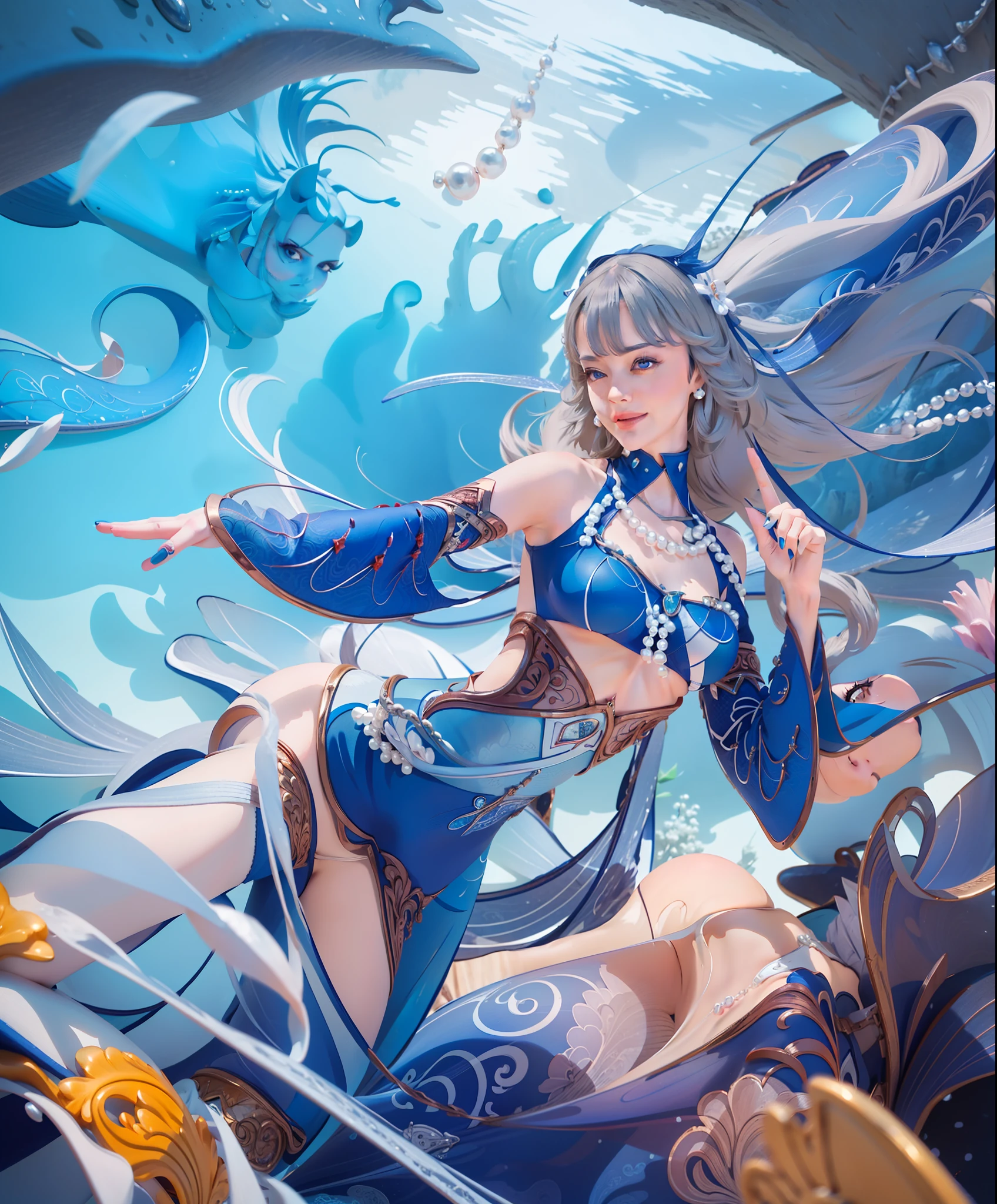 Woman, beautiful face, piercing gaze, smile, blue eyes, Sexy blue dress, long white hair with perfect pearl necklace, ultra realistic, photorealistic, masterpiece, detail, Under the sea, perfect face