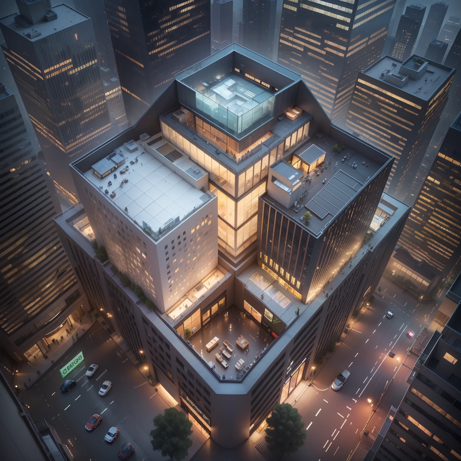 There is a shopping mall building, New York, Top view angle, Top view, Large area of glass, 1-3 floors, Large area of windows, Luxury headquarters rendering, Artistic rendering, exterior shot, architectural rendering, high resolutions, Corona rendering, Realistic architectural rendering