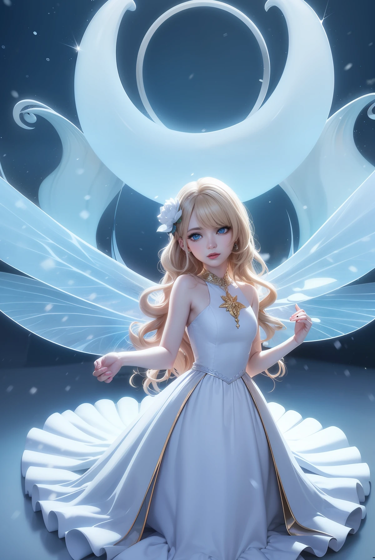 Poster style，A star，Big blue eyes，Long curly hair with golden wavy hair，Snow-white skin，3D，Look ahead，Light blue long dress，Elegant and beautiful，Fairy tale world