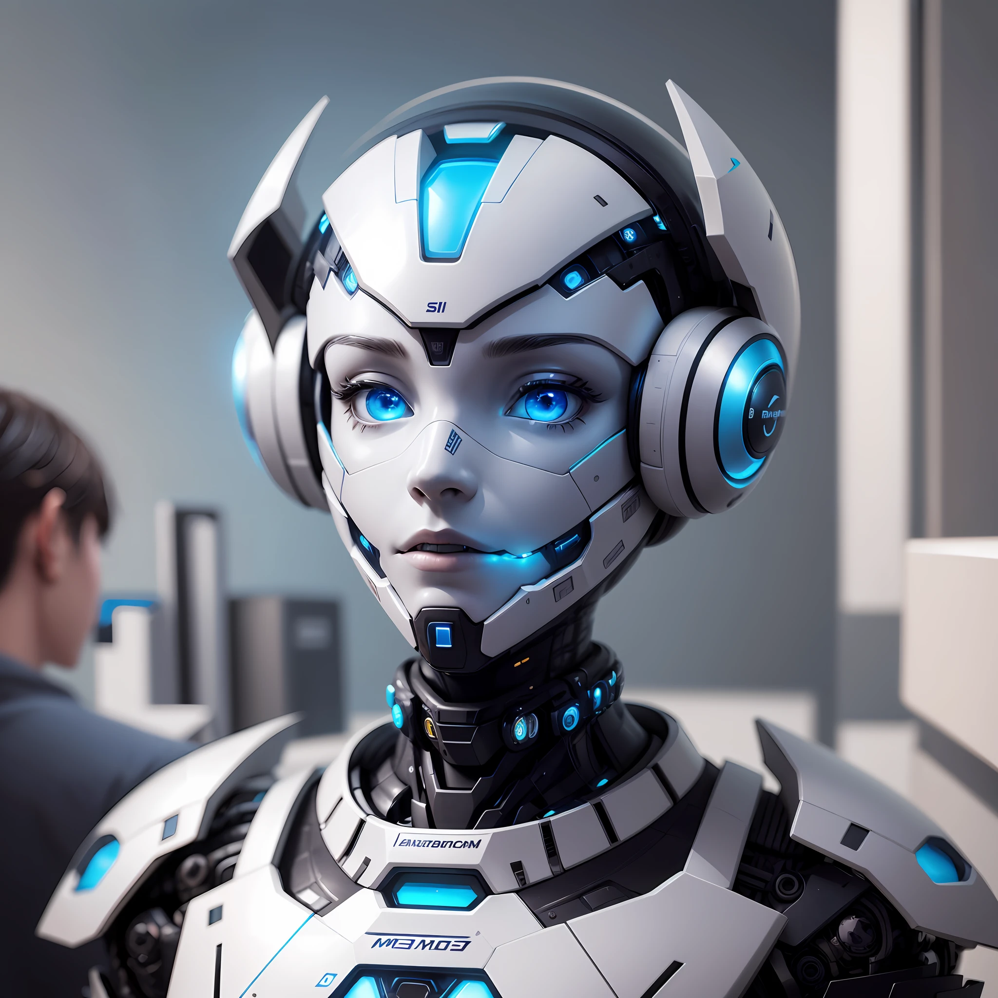 Develop an image of an ultra-realistic robot that displays a futuristic aesthetic and an abundance of technology. This robot should incorporate visual elements that symbolize integration with major social networks such as Instagram and Facebook. Make sure the robot has an impressive, modern look, with meticulous details that emphasize its technological sophistication. Be inspired by advanced concepts of artificial intelligence and robotics, creating a visual representation that conveys a sense of innovation and connection to the digital world. The image should perfectly reflect the idea of a contemporary robot, establishing a harmonious relationship between high technology and interaction with social networks, as if this robot were the perfect ambassador of the technological revolution and the world of social media.   Integrate the distinctive symbols of Facebook, Instagram and WhatsApp elegantly into the robot image. For example, the Facebook logo can be embedded as a holographic screen on your head, the Instagram logo can be styled as a hologram projected on your palm, and the WhatsApp symbol can be integrated as a pulsating notification light on your chest.   With background in color #101220 --auto --s2