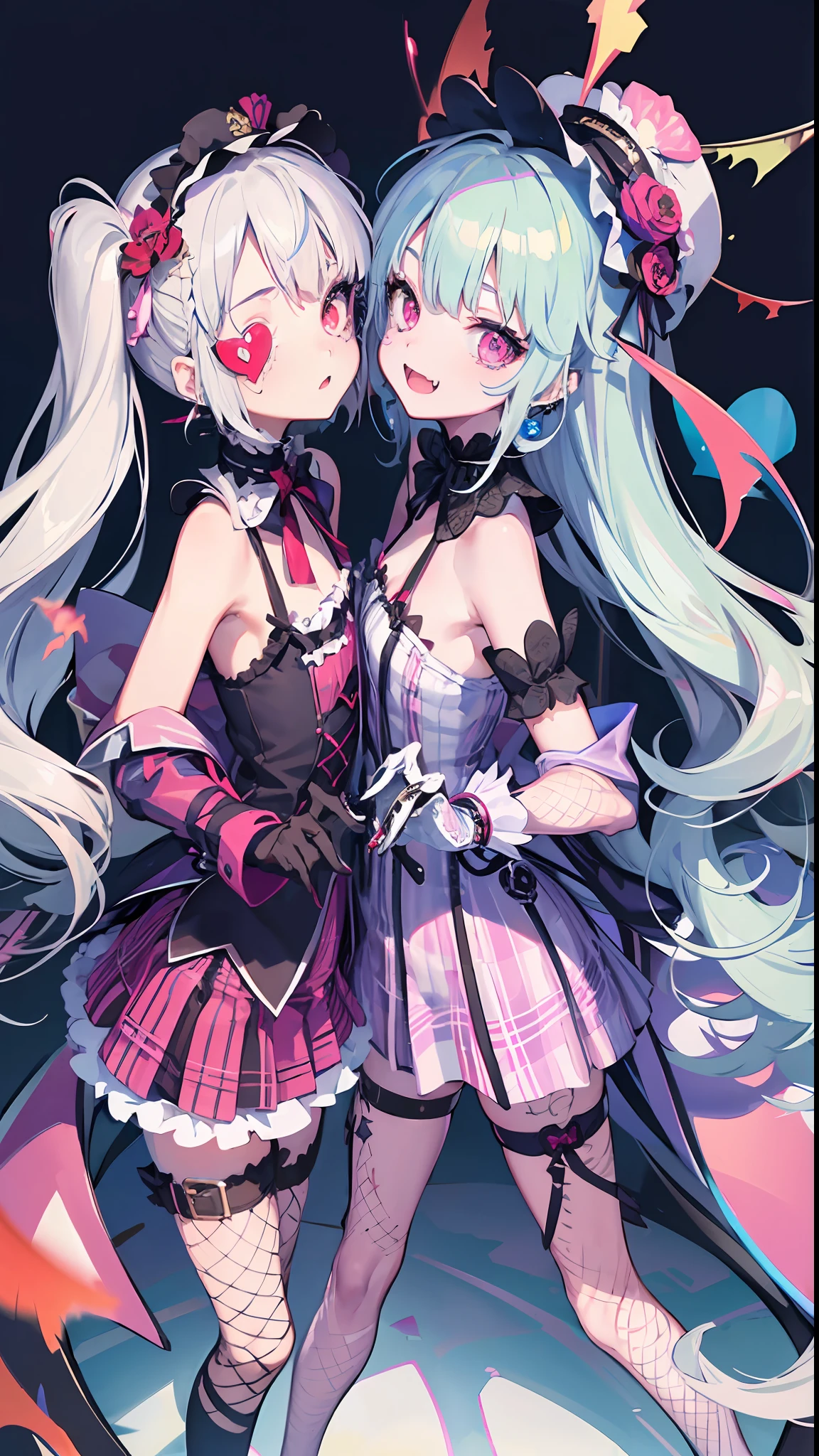 1girls,vampire,fang,Plaid dress,Bow,lolita fashion,Lolita style,Lori,Cutes, Angelic beauty, Lori, Lolita Girl, Purple lattice, y 2 k ,Y2K,Emo style,non-mainstream,Red checkered,Mines are girls,Harajuku style,Exaggerated dressing,Intricate ornaments,Rock style,Gothic style,rivet,ear ring,two tone hair,Pink and blue hair,Purple plaid skirt,Half-cut gloves,Leg rings,Suspenders,Metal jewelry,Bones,Love,Blood,Maniacal laughter,Sick,fishnet stockings,Unilateral eye patch,flat-chested,,kid girl,Si