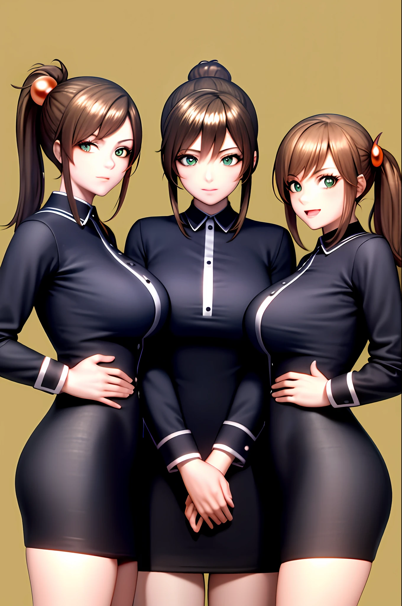 masterpiece, best quality, highres, 3girls, triplets, trio, kurumi imari office lady suit pencil skirt