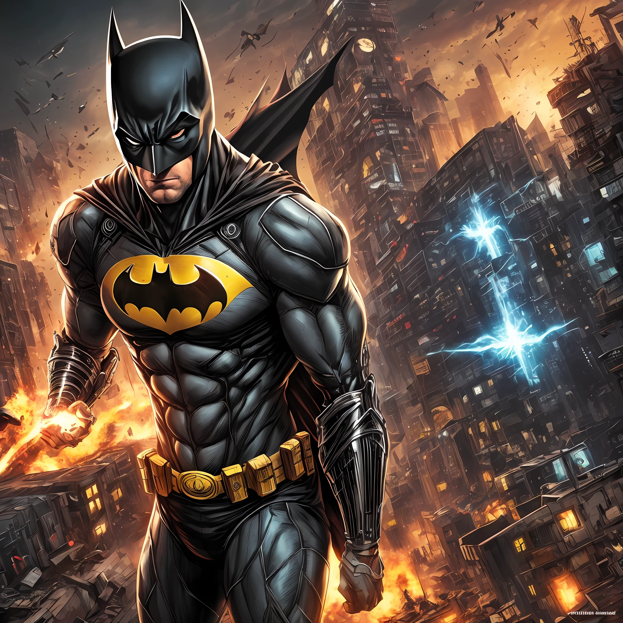 A batman in a cybernetic outfit, ultra realista, Highresolution, 8k, corpo inteiro, Apocalyptic scenario, fim de tarde, predios destruidos, poeira, guerra --auto