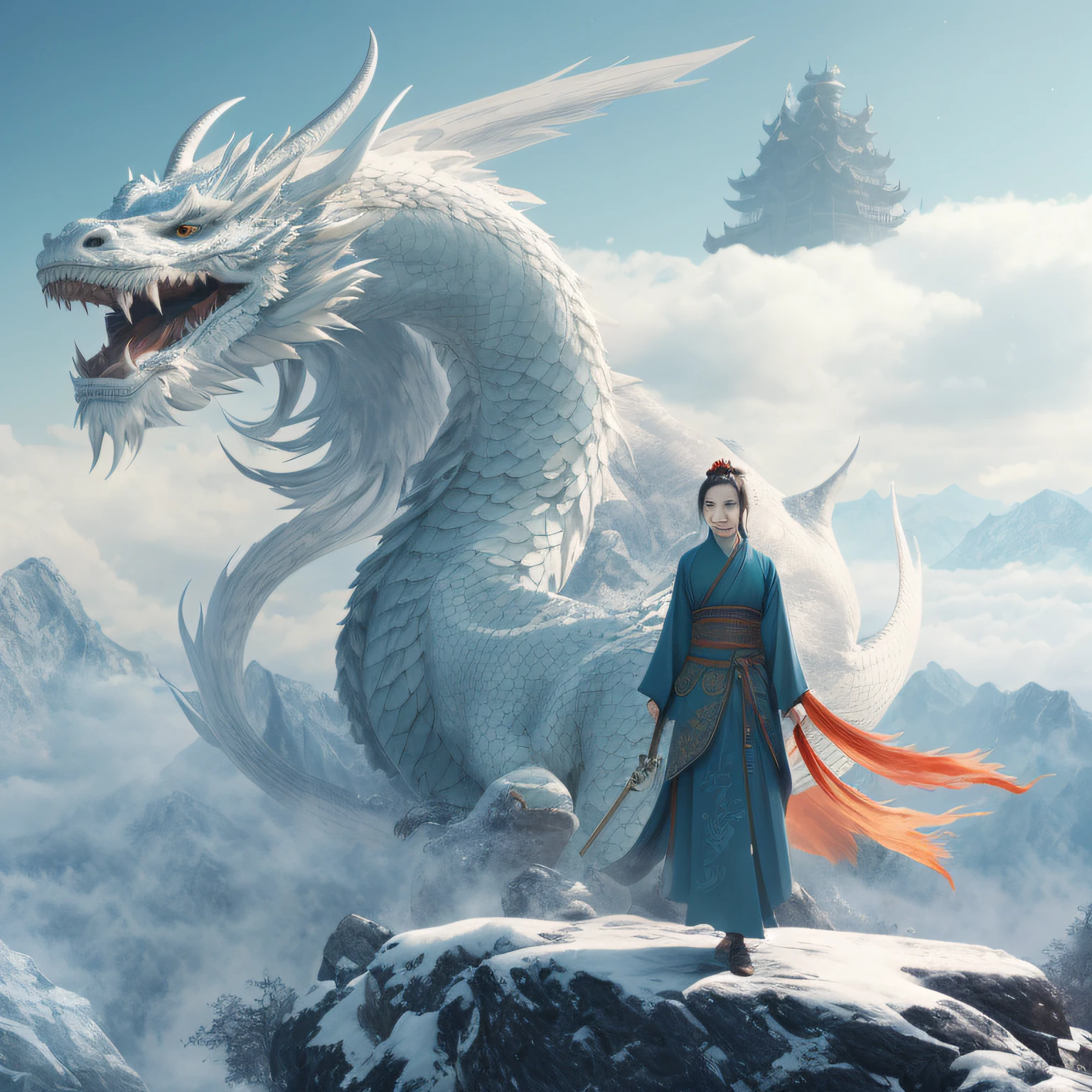 Cyan Chinese dragon,Cyan dragon body,orange eyes,Dragon with a fierce expression,Sharp teeth,ryujin, trending digital fantasy art, dragon in the background, 4K fantasy art, chinese dragon concept art, highly detailed fantasy art,