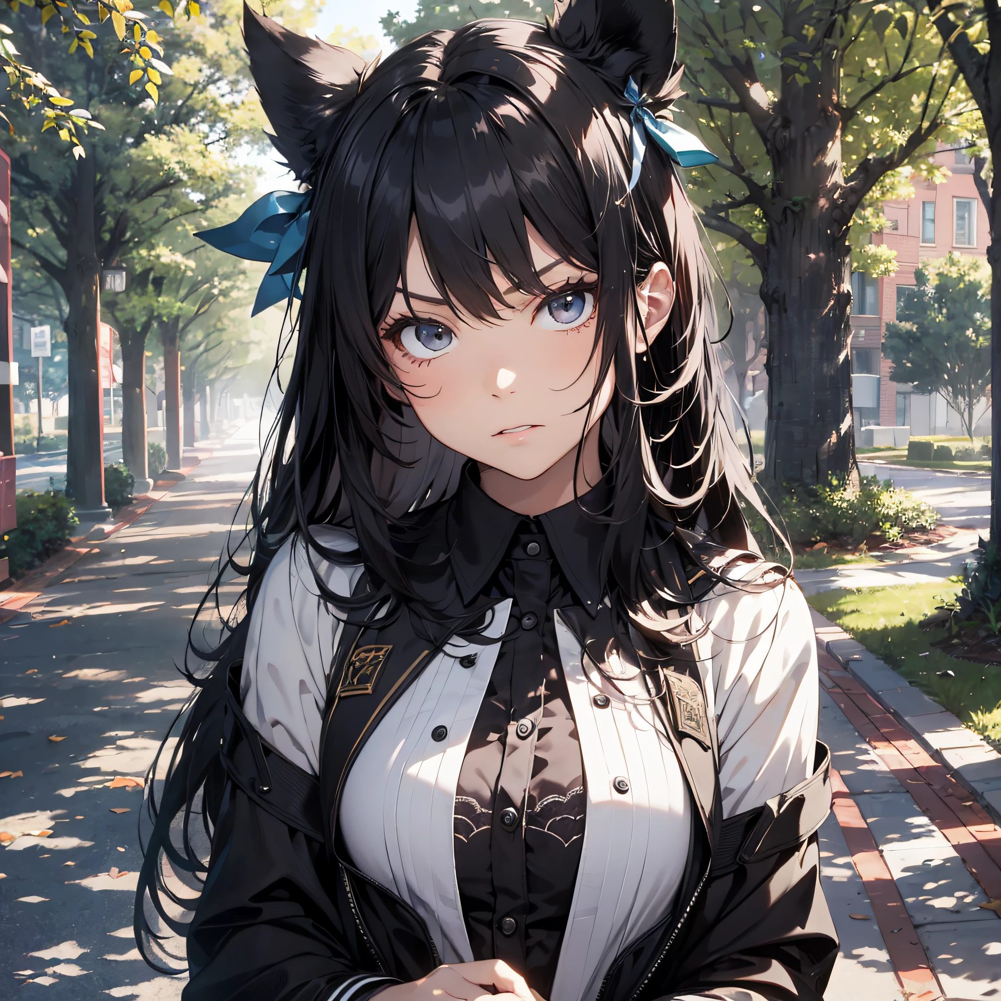 Ridiculous resolution,high resolutions,(master-piece:1.4),ultra-details,Campus outdoors,A black-haired young woman dressed in a school costume,A shy and angry expression