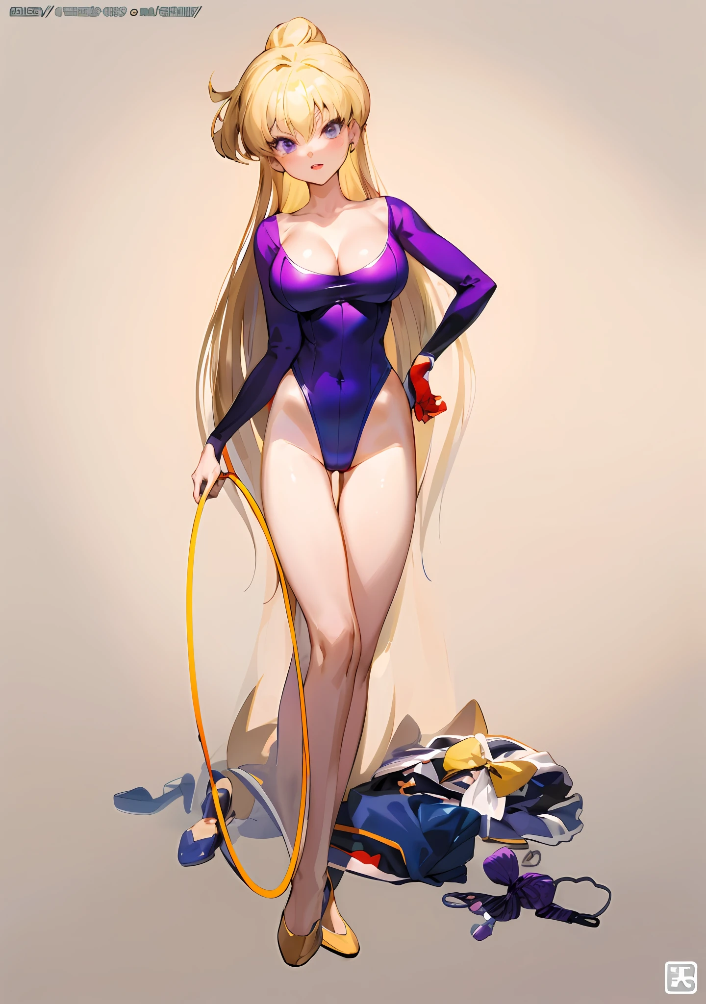 Anime girl with blonde hair and purple leotard holding jump rope, dressed:leotard、Seductive anime girl, anime woman fullbody art, Ecchi Anime Style, !!Full body portrait!!, knights of zodiac girl, anime-style, beautiful alluring anime woman, Gigantic big tits、with large breasts、long sleeve