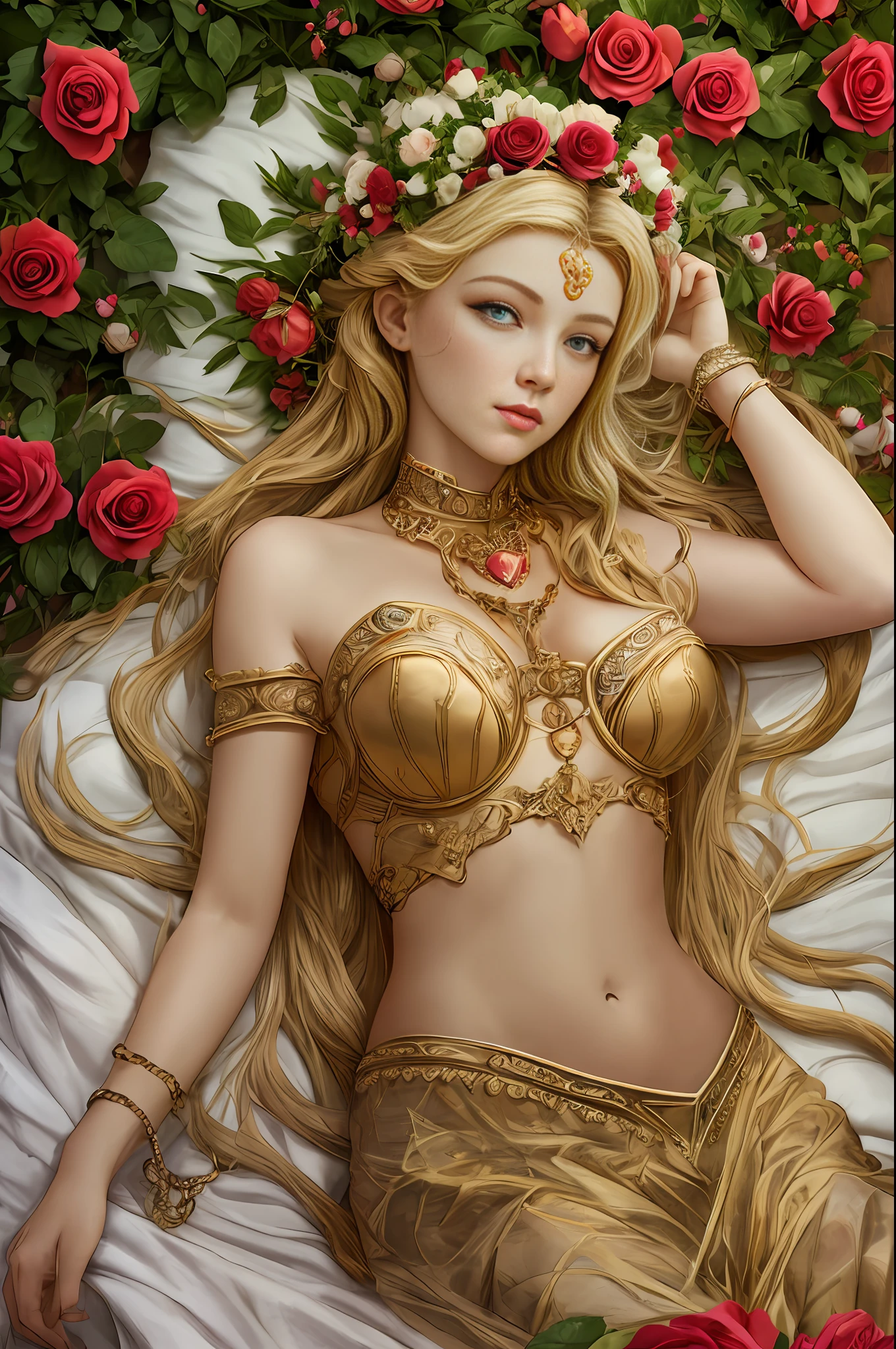 Aphrodite, Goddess of love, lying in bed of roses, showing off, heart-shaped headboard, --auto --s2