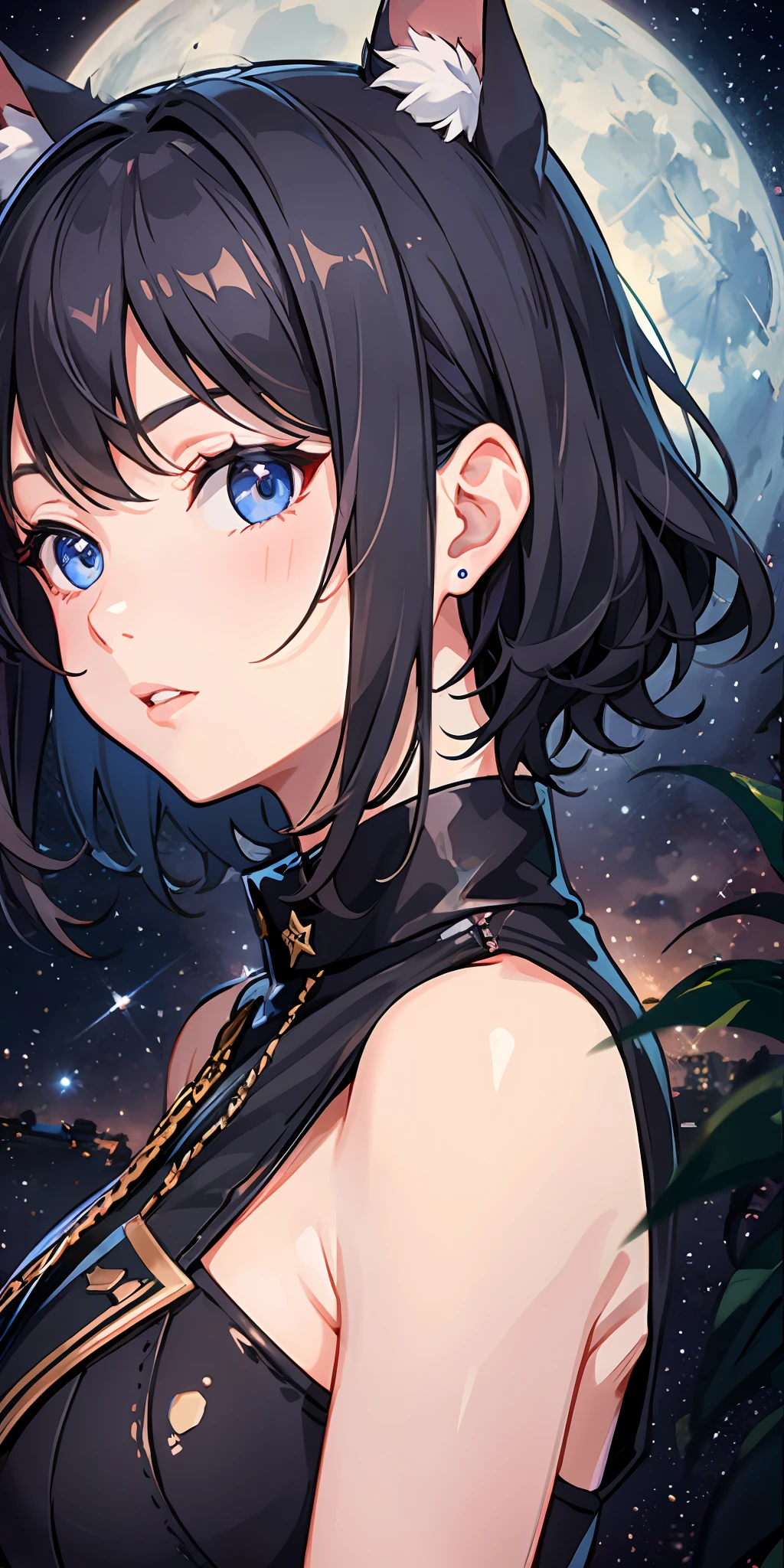 2 girls、 {{Master peace}}, {{{maximum quality}}}, {{Ultra-detail}}, , short hair,Purple eyes,Black hair、military outfit、kiss、{{Master peace}}, short wavy hair, navy hair, black cat ear, Blue eyes、military outfit、Kissed、Big moon in the background night sky、