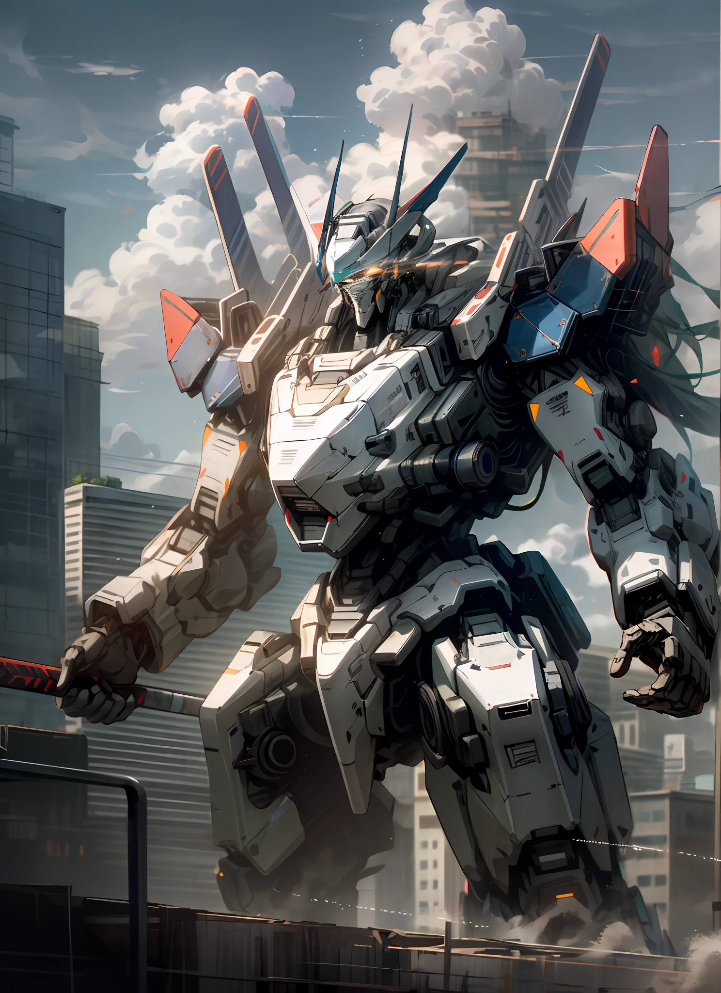 sky, cloud, holding_weapon, no_humans, glowing, , robot, building, glowing_eyes, mecha, science_fiction, city, realistic,mecha