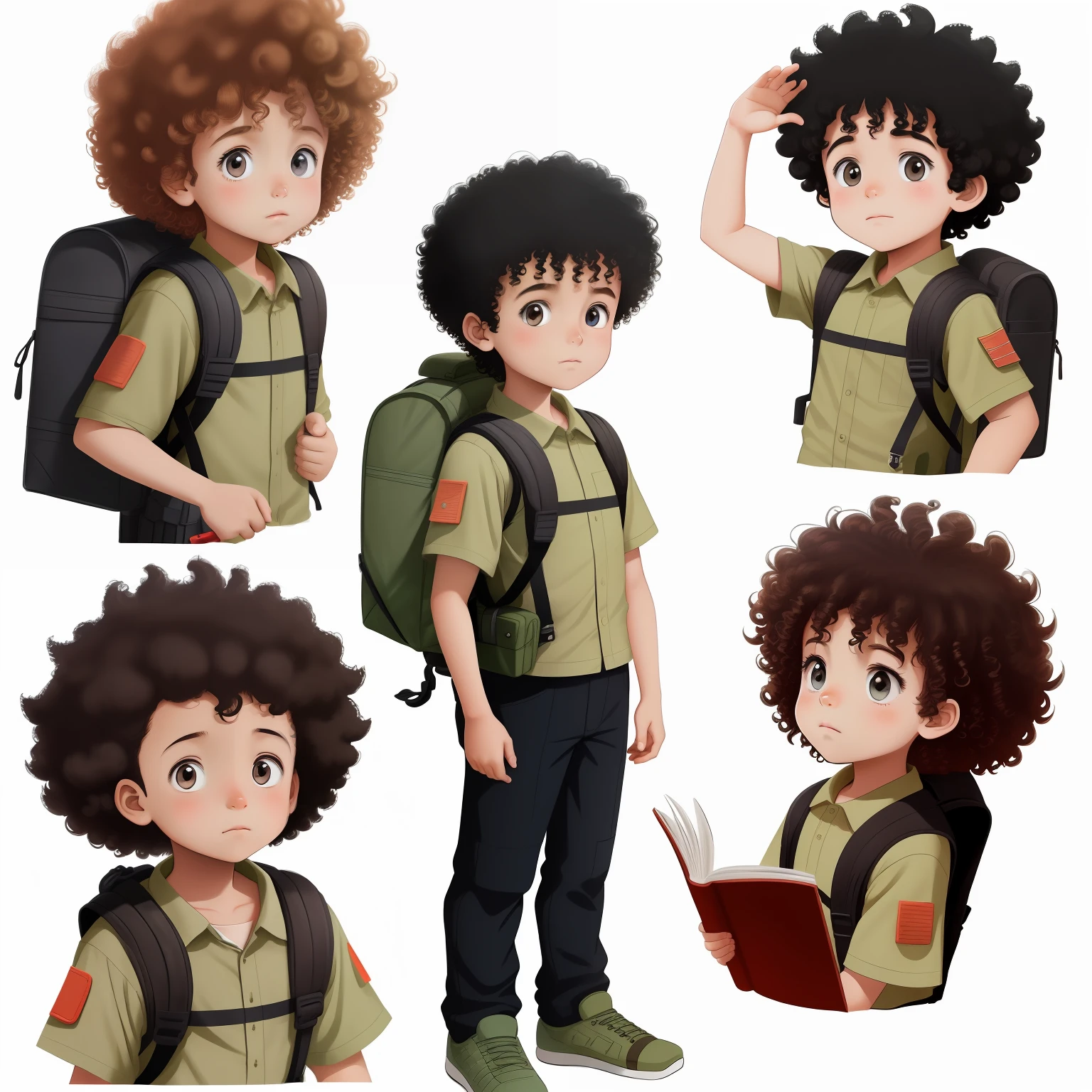 a explorer childh various poses and expressions, em um fundo branco, illustration of a children's book, manga style, para 6 anos, um menino: (um mulato) of medium-sized curly hair, sem livro, sem mochila, sem armas, sem facas, sem equipamento militar --auto