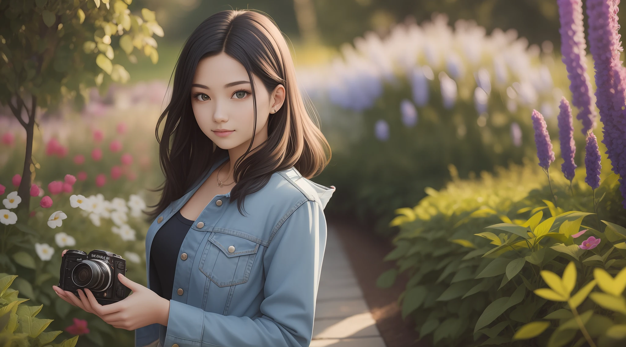 photograph ultra realistic of 17 year old girl with black shoulder length hair wearing blue jeans and black waist length jacket taking pictures with a camera in a colorful garden