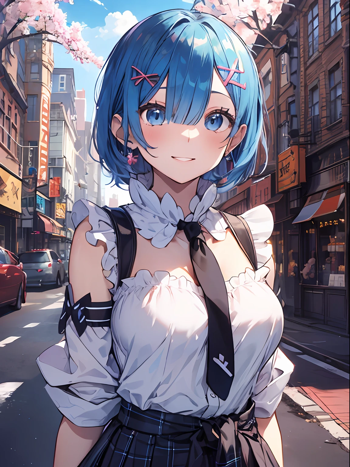 傑作, maximum quality, Um corpo inteiro, 1girl, bangs, Black choker, Black tie,  Blue skirt, blushed, bracelets, Breasts, choker, Clothing around the waist, fcollarbone, collar shirt, cowboy-shots, dress shirt, Ear piercing, eyebrows visible through hair, Gradient Hair, Grinning, gyaru, jewelries, Kogal, Watch your audience, Loose tie, necktie, piercings, Plaid, Plaid skirt, pleated skirts,  rings, uniformed, shirts, skirts, Sorrisos, solo, white shirts, street, sky, cherry blossom, petals,illustration, (magazine:1.3), (cover-style:1.3), Fashionable, female pubic-hair, Vibrant, clothing, a-pose, front, Colorful, Dynamic, backdrop, element, confident, expression, holding, statement, accessory, Majestic, coil, surroundings, touch, Scenes, text, covers, It's bold, attention-grabbing, title, stylish, font, It's catchy, headline, larger, Impressive, modern, Trendy, focus, fashion,Light blue hair、ple short hair、blue eye,Remu(Re:Zero)